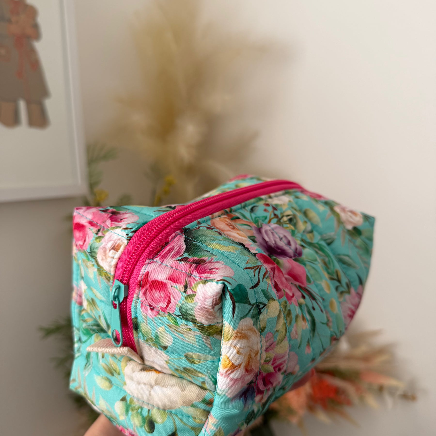 Set of 2 - Boxy Zipper Pouches - Aqua Floral