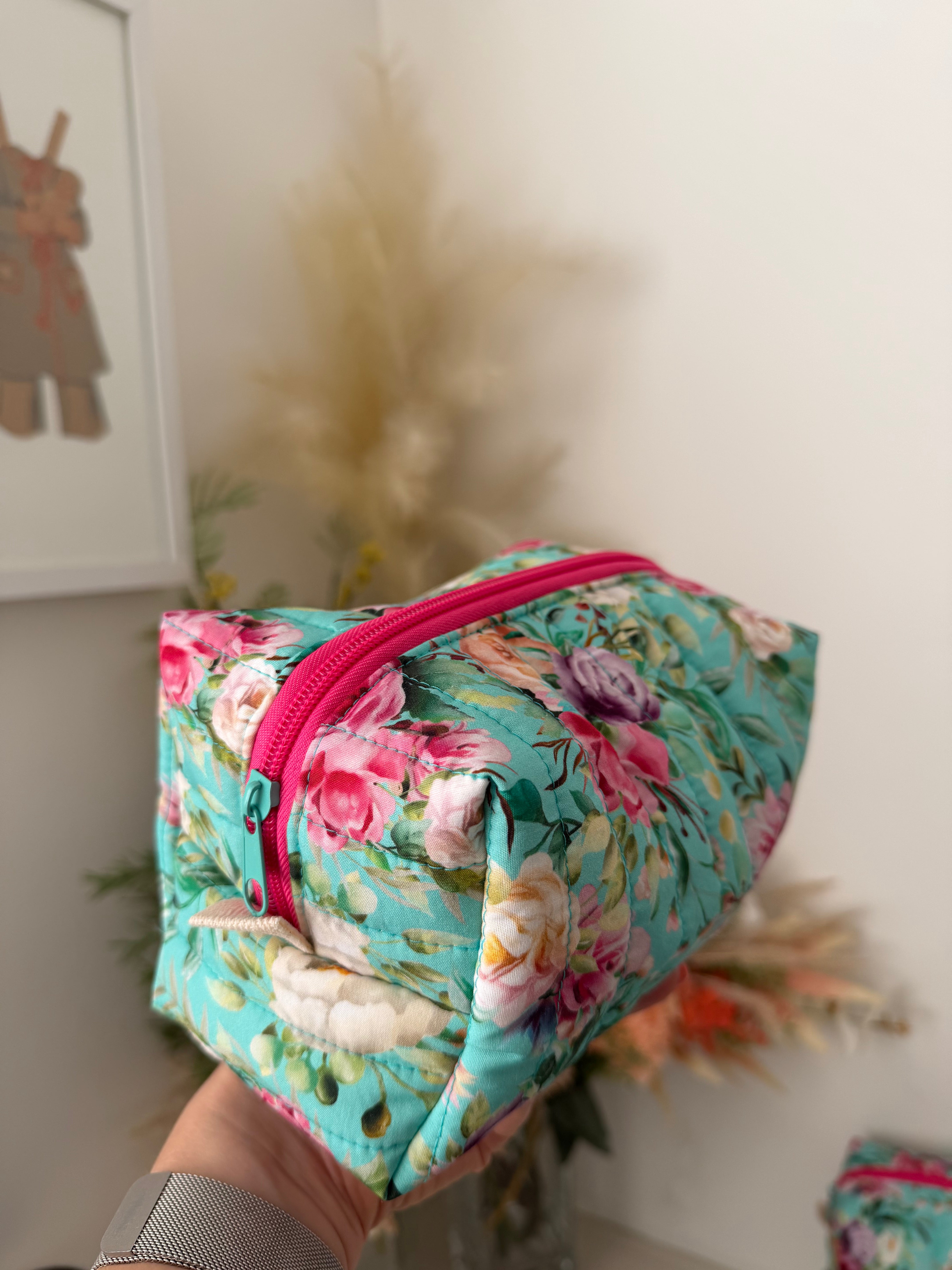 Set of 2 - Boxy Zipper Pouches - Aqua Floral