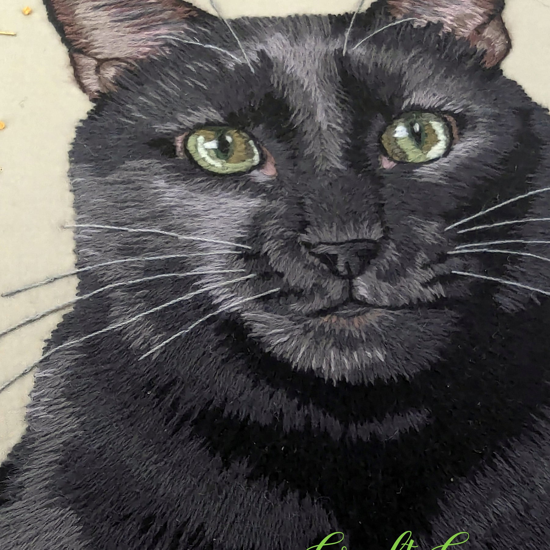 Black Cat Thread Painting – Hand Embroidered Pet Portrait in Hoop