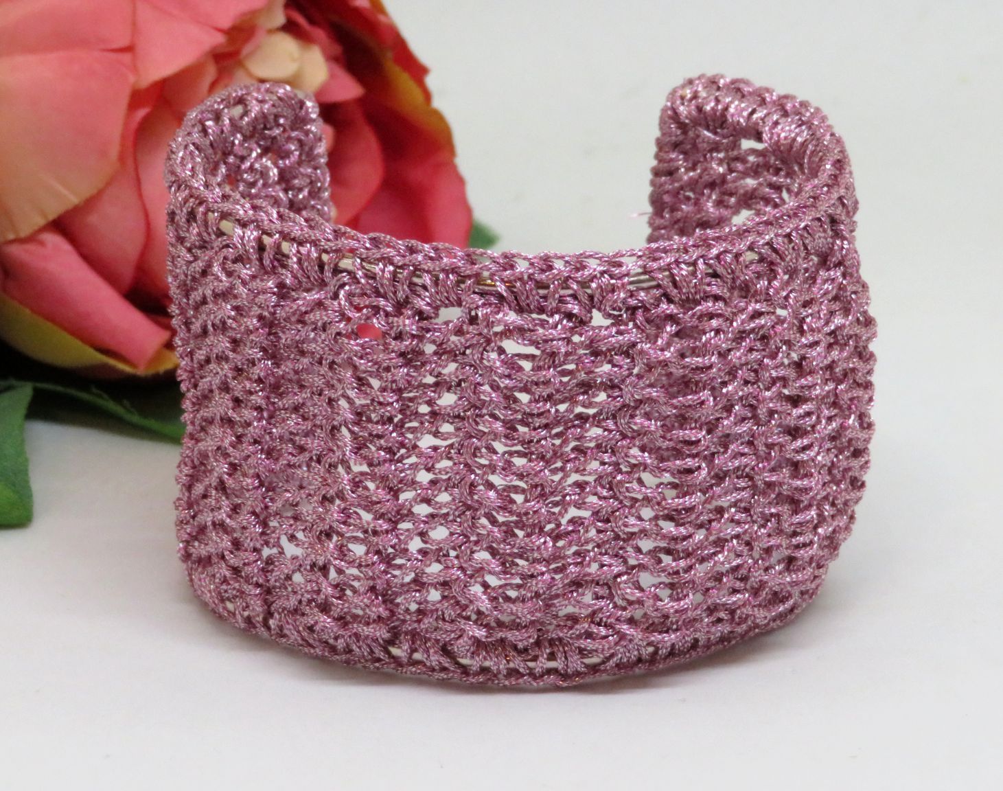 Dusty Pink Bespoke Handmade Crochet Shimmer Thread Cuff Bracelet