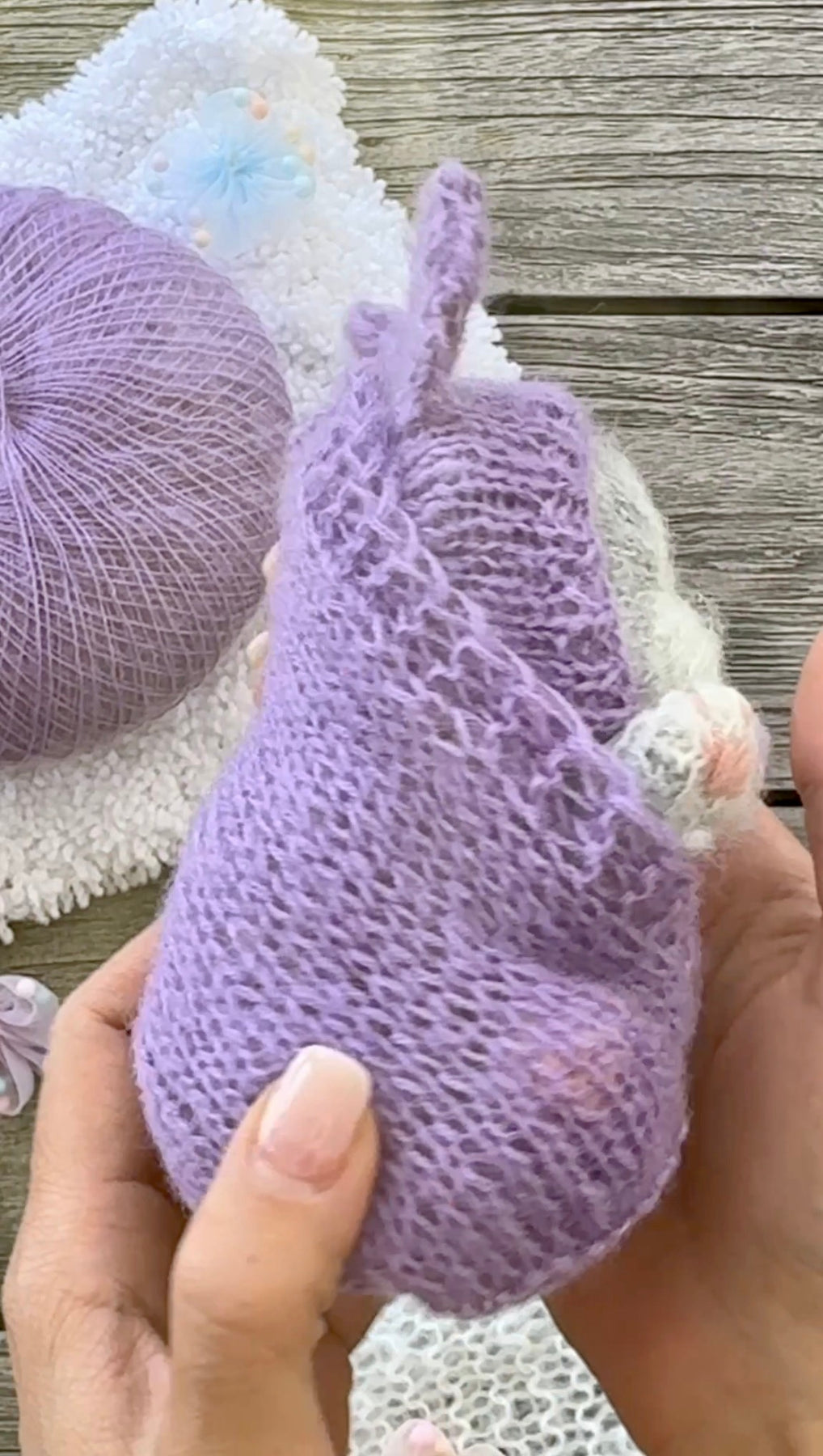 Handmade Grey and White Knitted Sleeping Kitty Toy in The Purple Bunny Hat and Blanket
