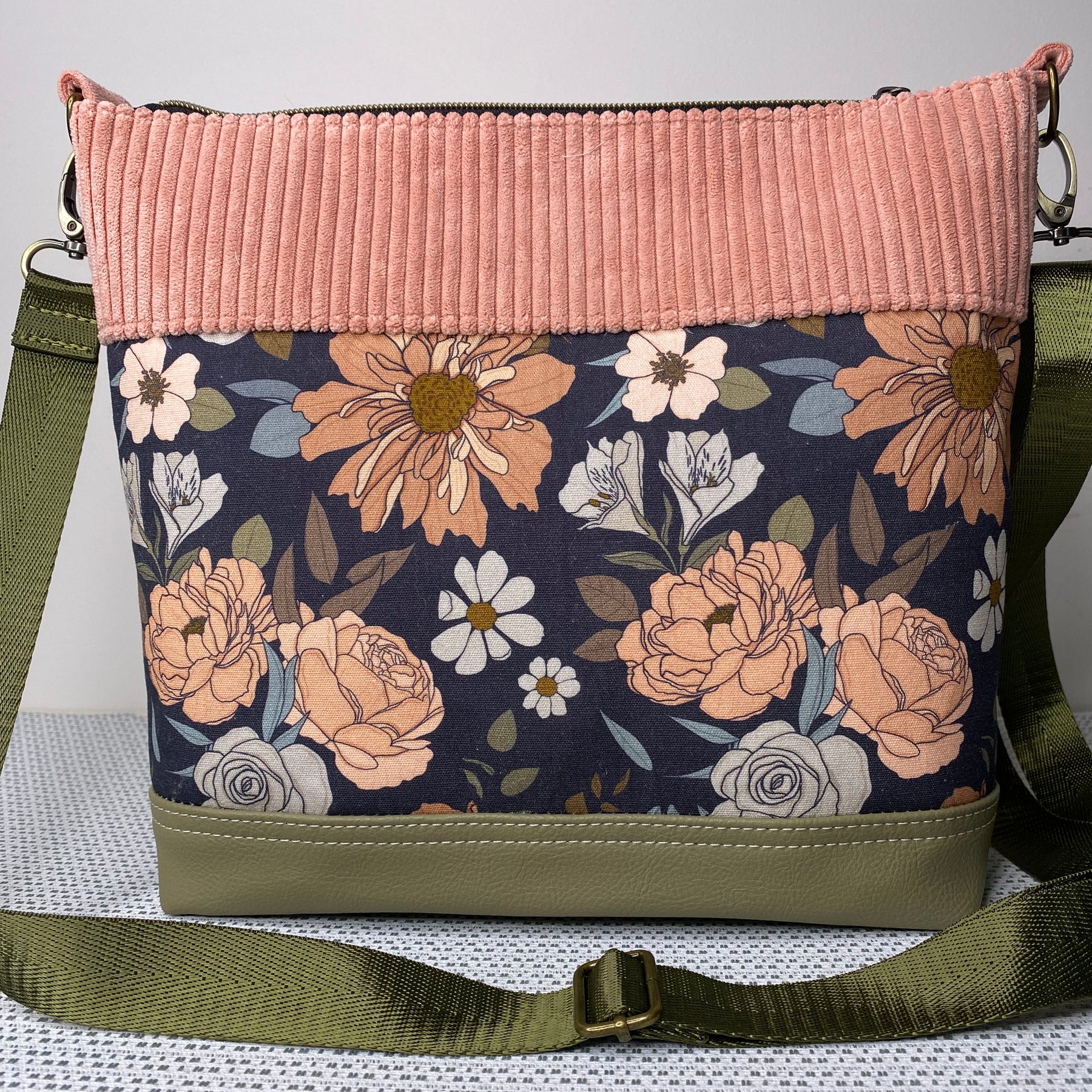Lola Crossbody Bag - Pink Roses & Pink Corduroy Fabric with Olive Green Faux Leather Base