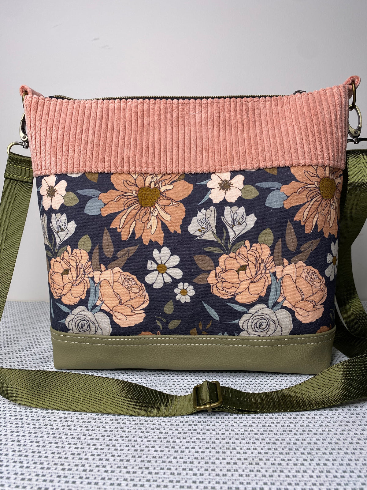 Lola Crossbody Bag - Pink Roses & Pink Corduroy Fabric with Olive Green Faux Leather Base
