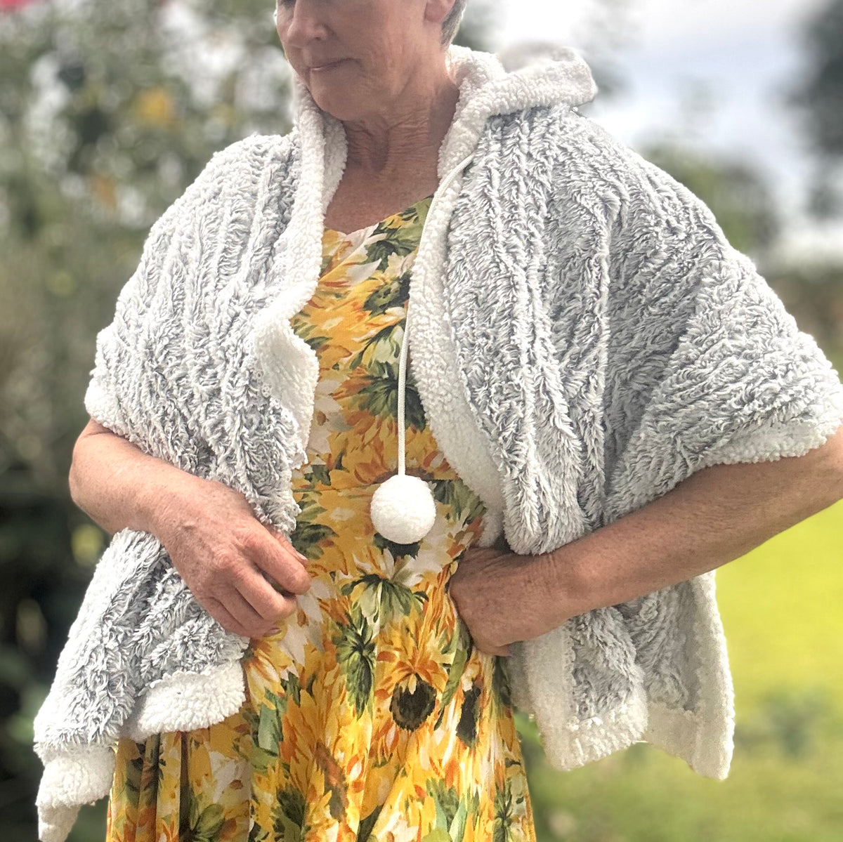 Hooded Grey Blanket Shawl Wrap with Pom Poms