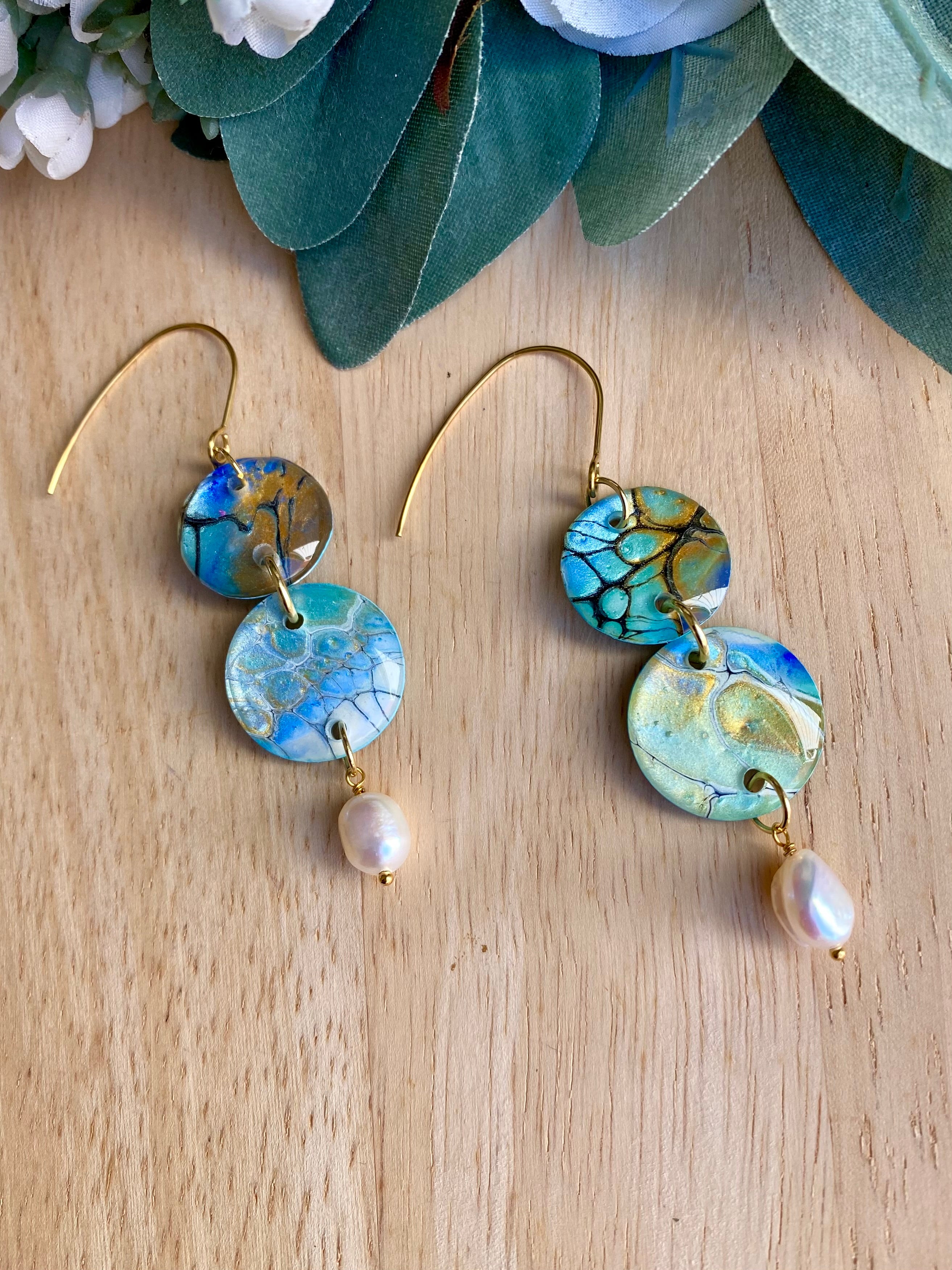 Pretty Hand-Painted Earrings with Freshwater Pearls