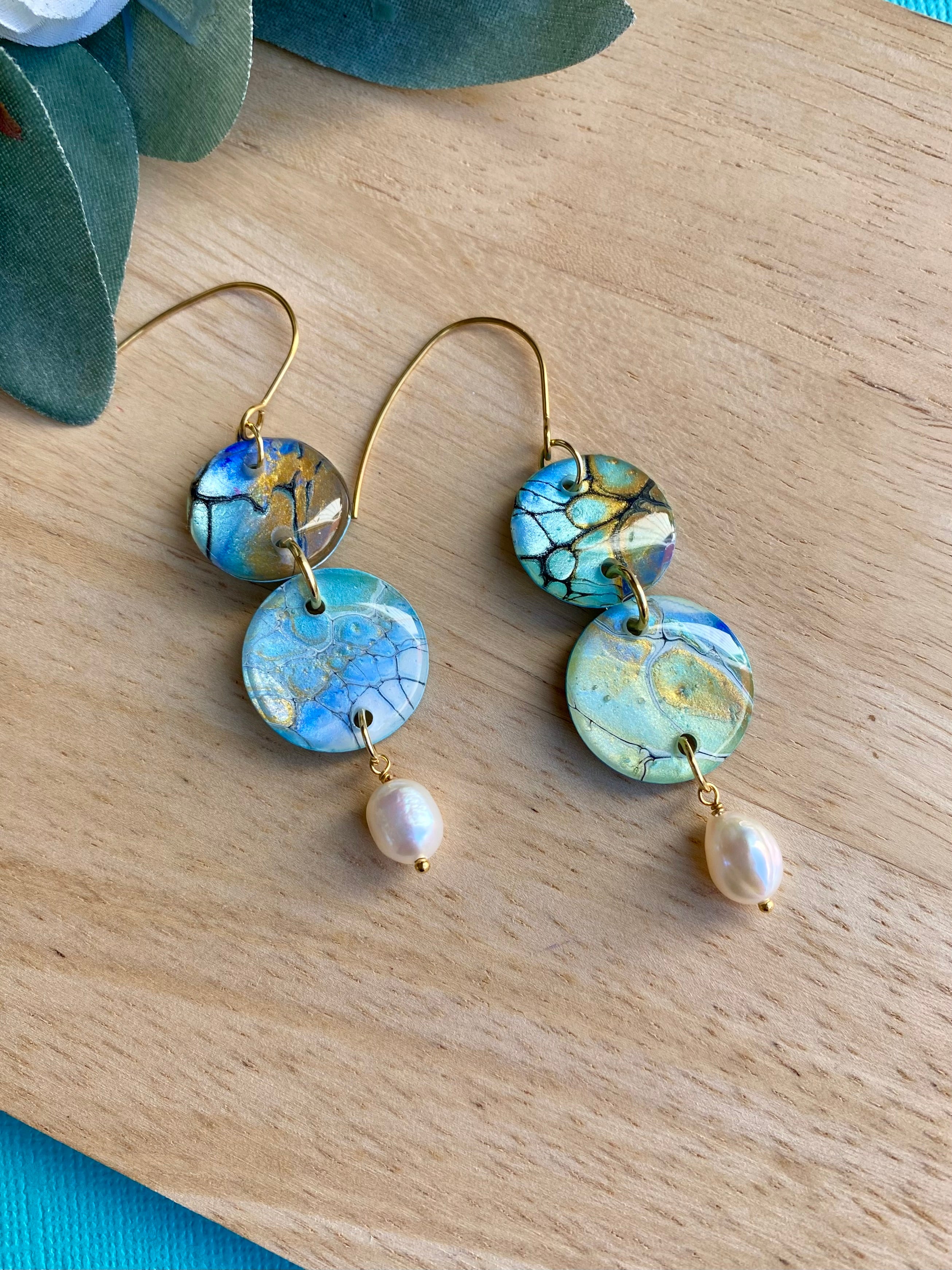 Pretty Hand-Painted Earrings with Freshwater Pearls