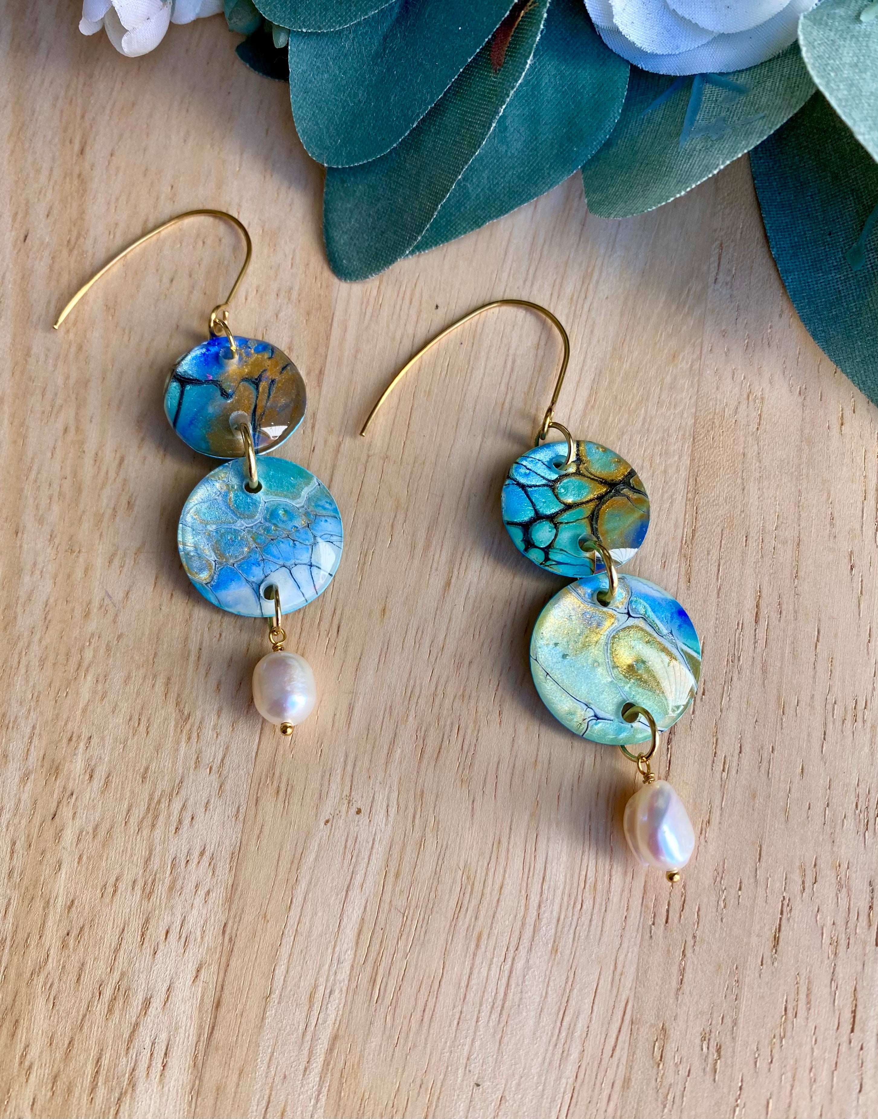 Pretty Hand-Painted Earrings with Freshwater Pearls