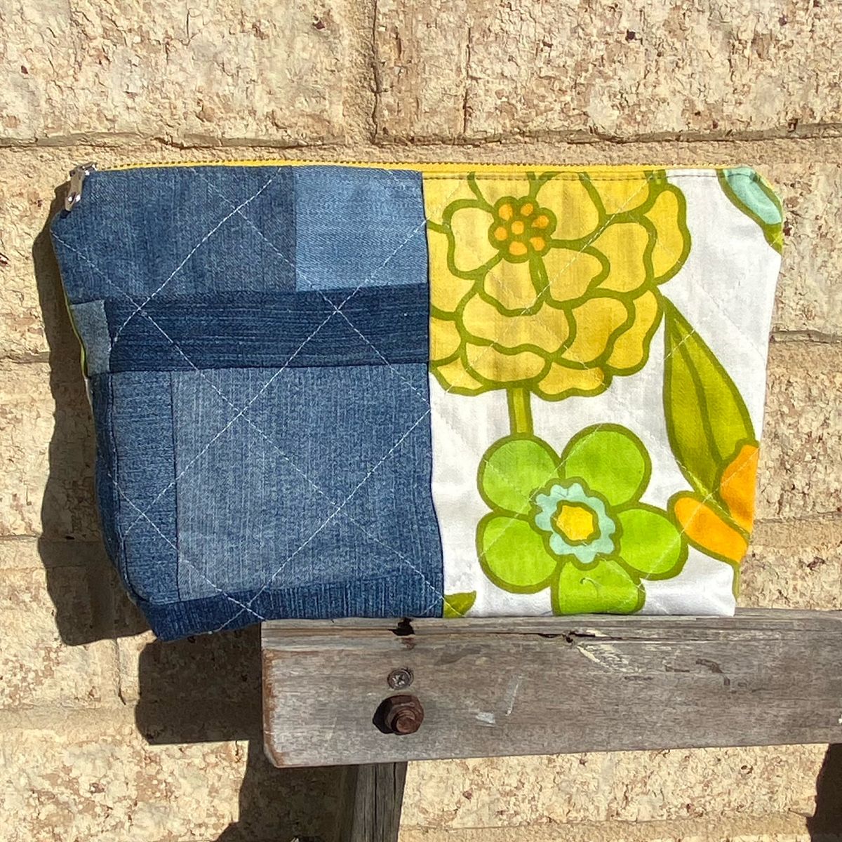 Handmade Pouch Cosmetic Bag Upcycled Vintage Retro Yellow Marigold