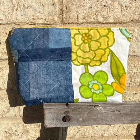 Handmade Pouch Cosmetic Bag Upcycled Vintage Retro Yellow Marigold