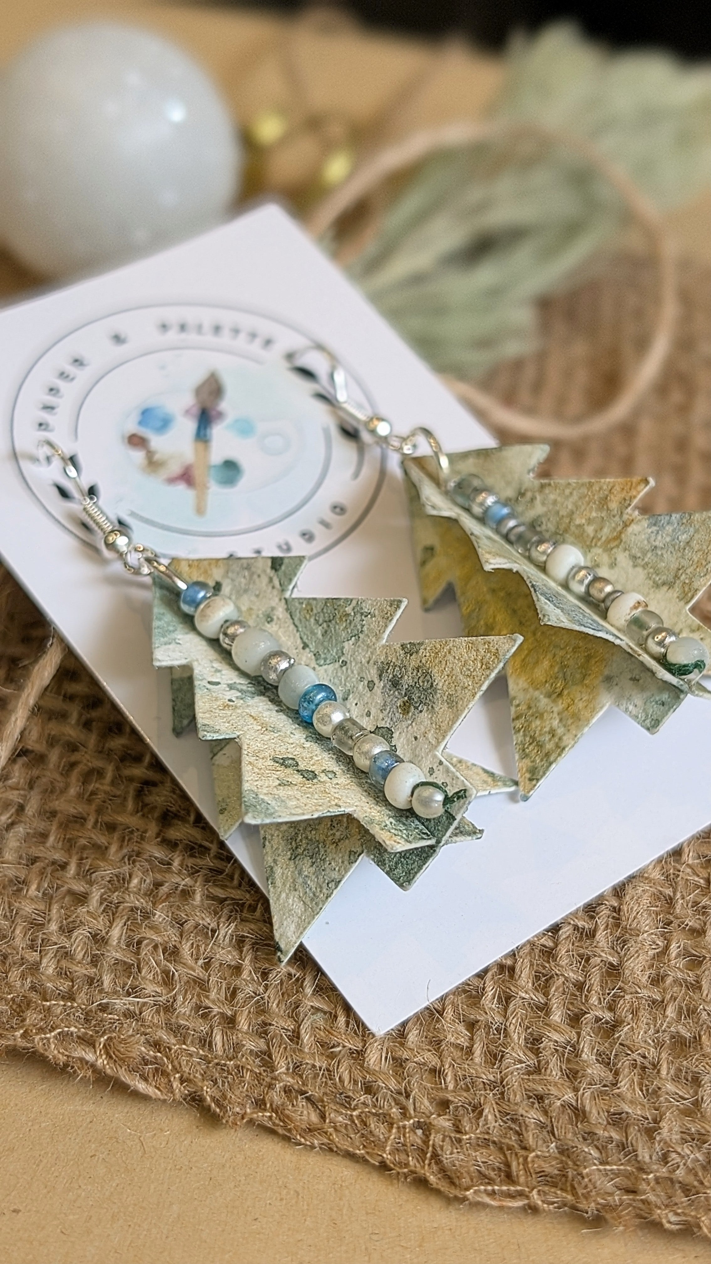 Hand painted Christmas Tree Earrings | Lightweight Paper Jewellery | Festive Beaded Earrings