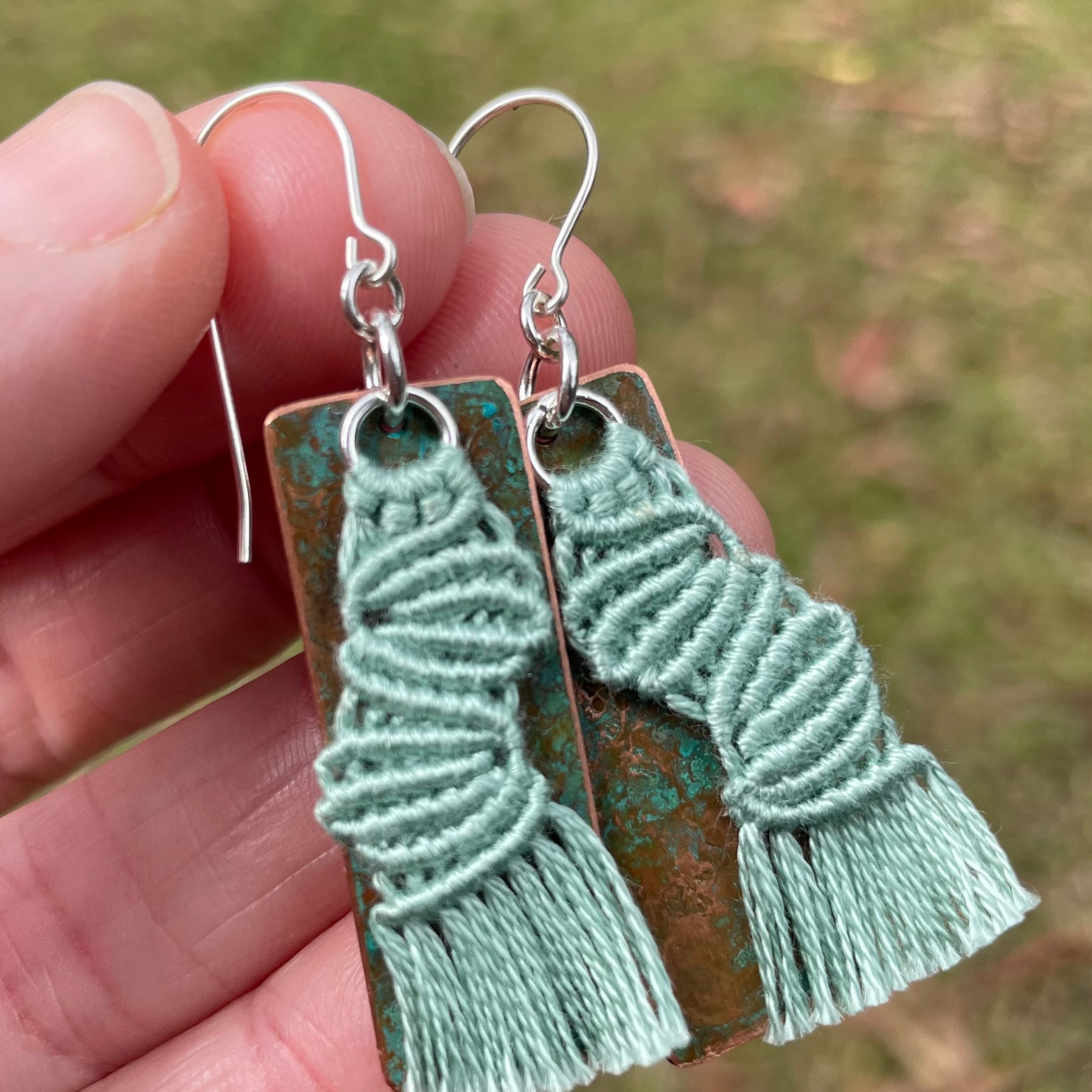 Sage green macrame thread on patinated copper