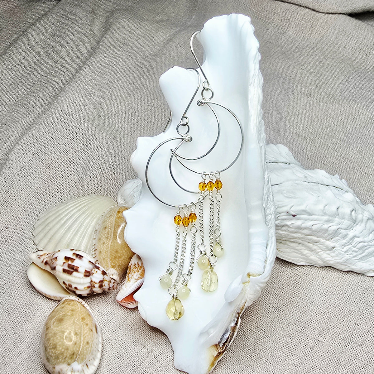 Crescent Moon Earrings in Sterling Silver with Citrine & Onyx