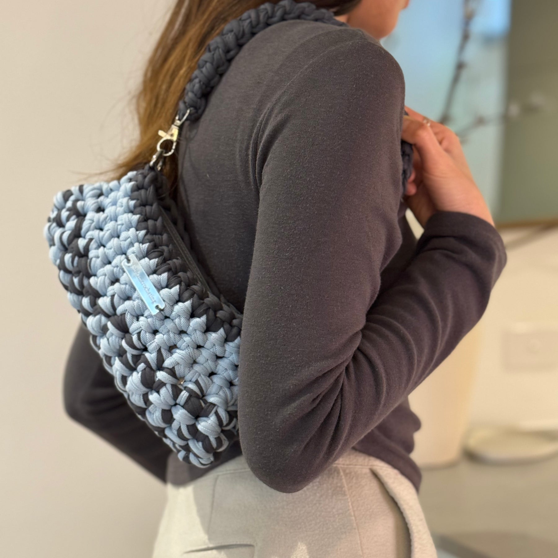 Mini Shoulder Bag | Handmade Crochet Accessary | Sky x Charcoal Cotton & Recycled T-shirt Yarn