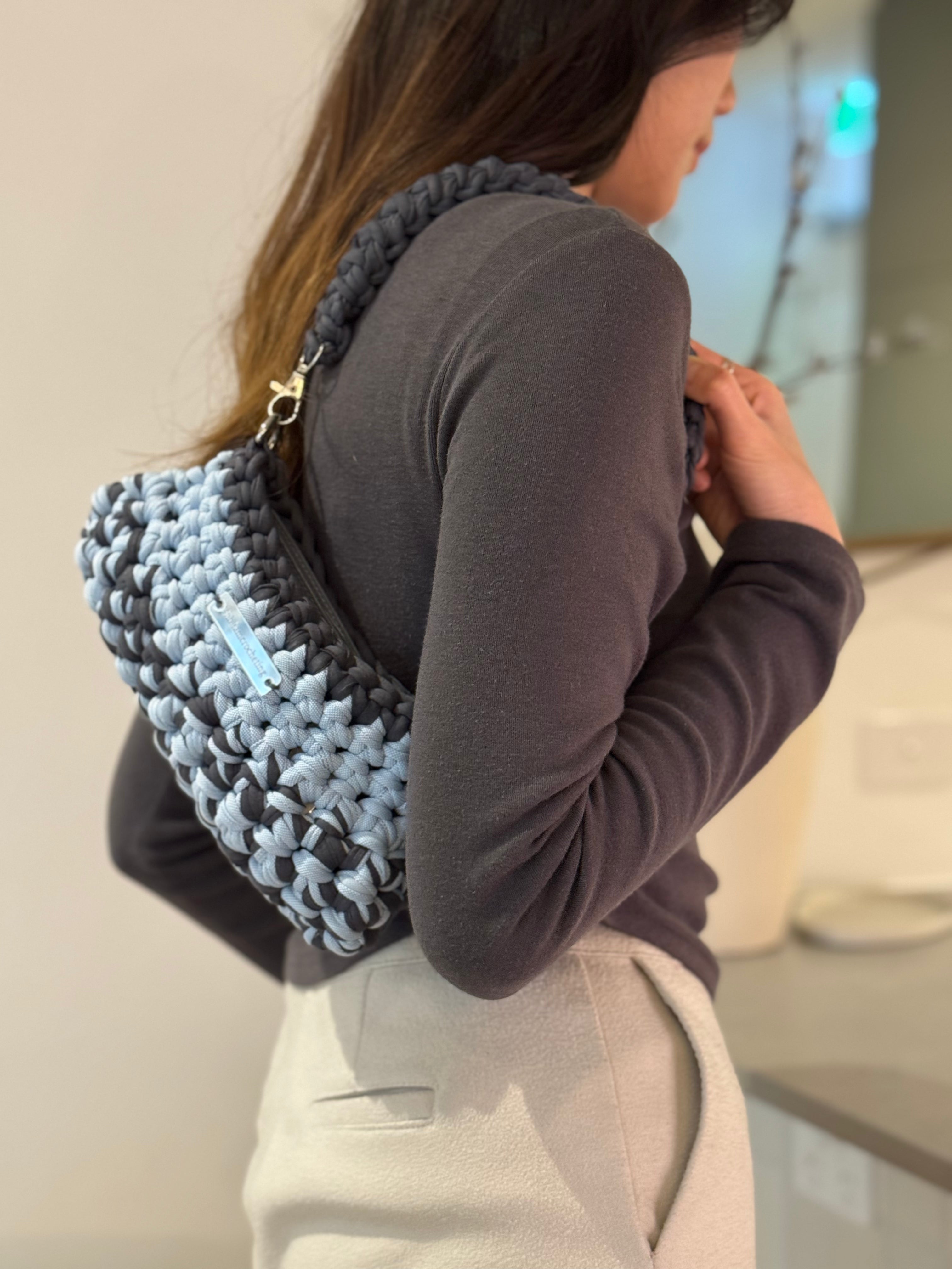 Mini Shoulder Bag | Handmade Crochet Accessary | Sky x Charcoal Cotton & Recycled T-shirt Yarn