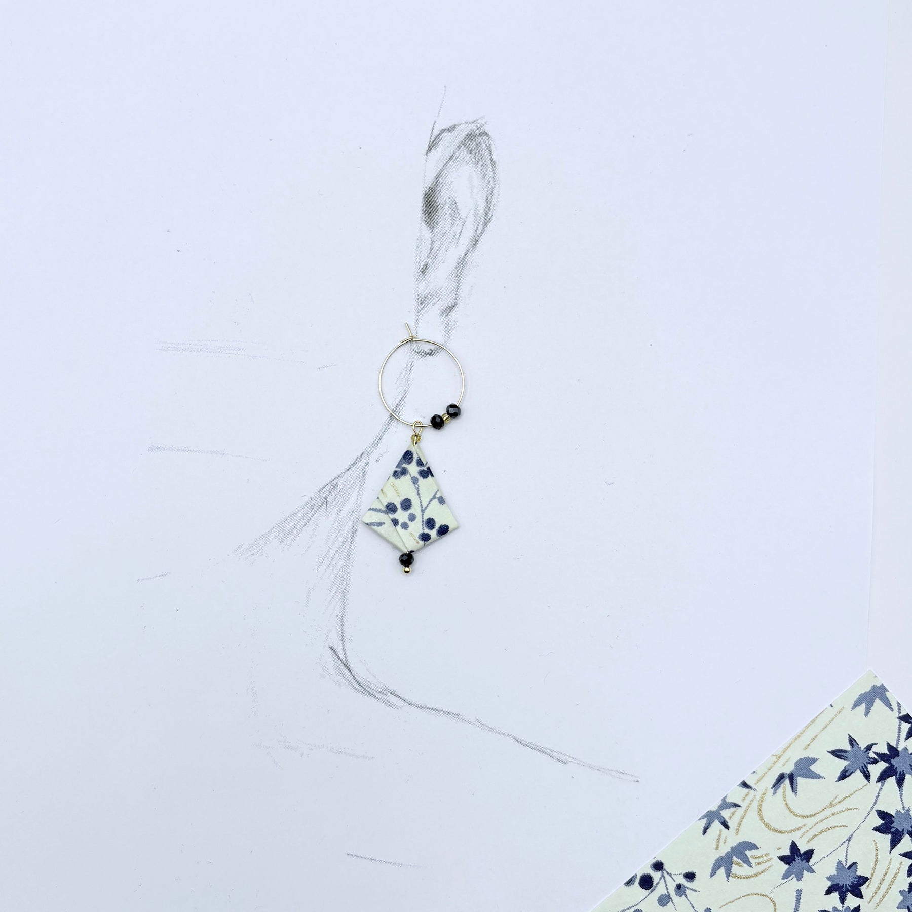 Origami Hoop Earrings – Blue and Gold Autumn Leaves on Japanese paper