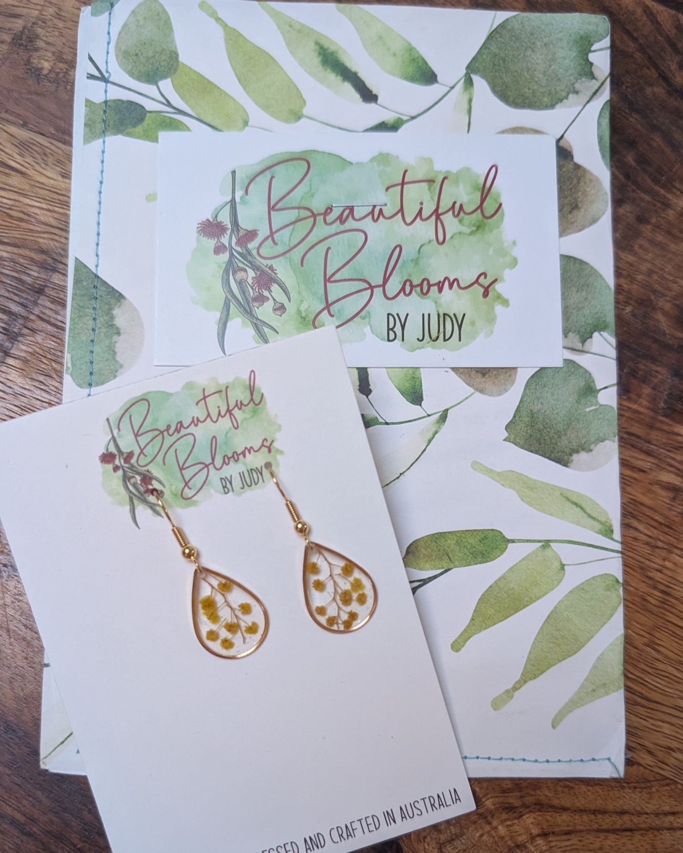Dainty wattle teardrop Aussie earrings