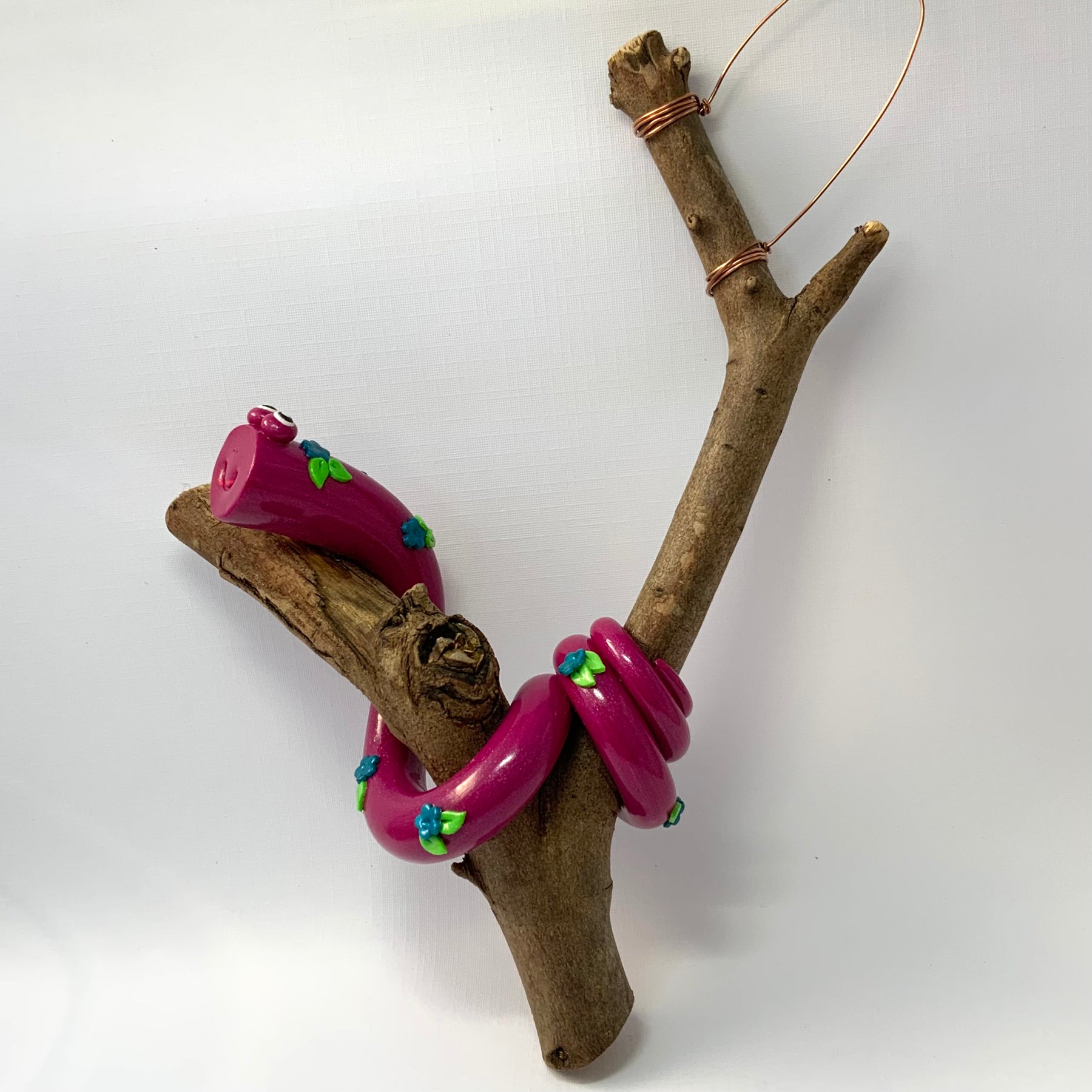 Gertie the Snake | Handmade Hanging Wall Decor | Polymer Clay on Gum Branch