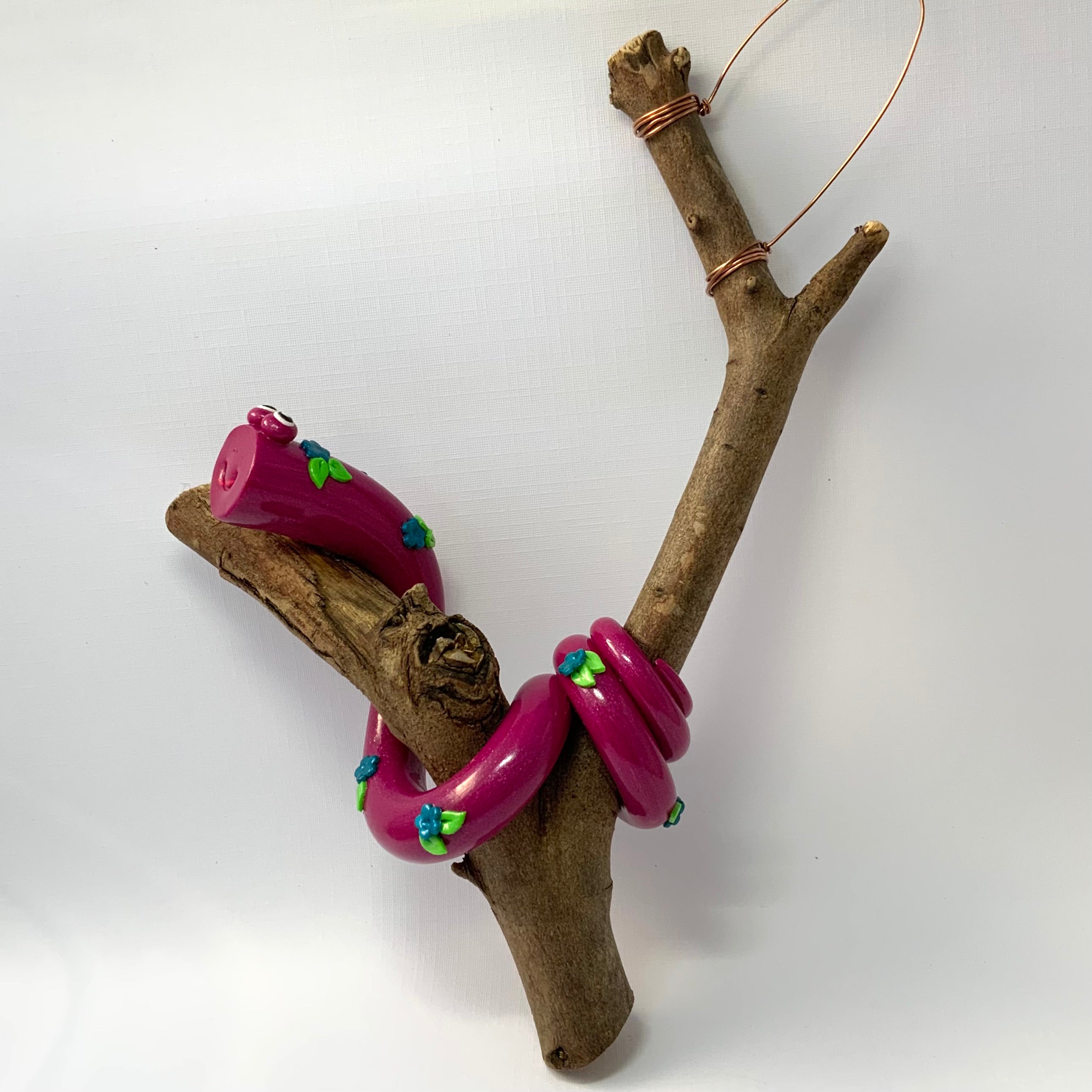 Gertie the Snake | Handmade Hanging Wall Decor | Polymer Clay on Gum Branch