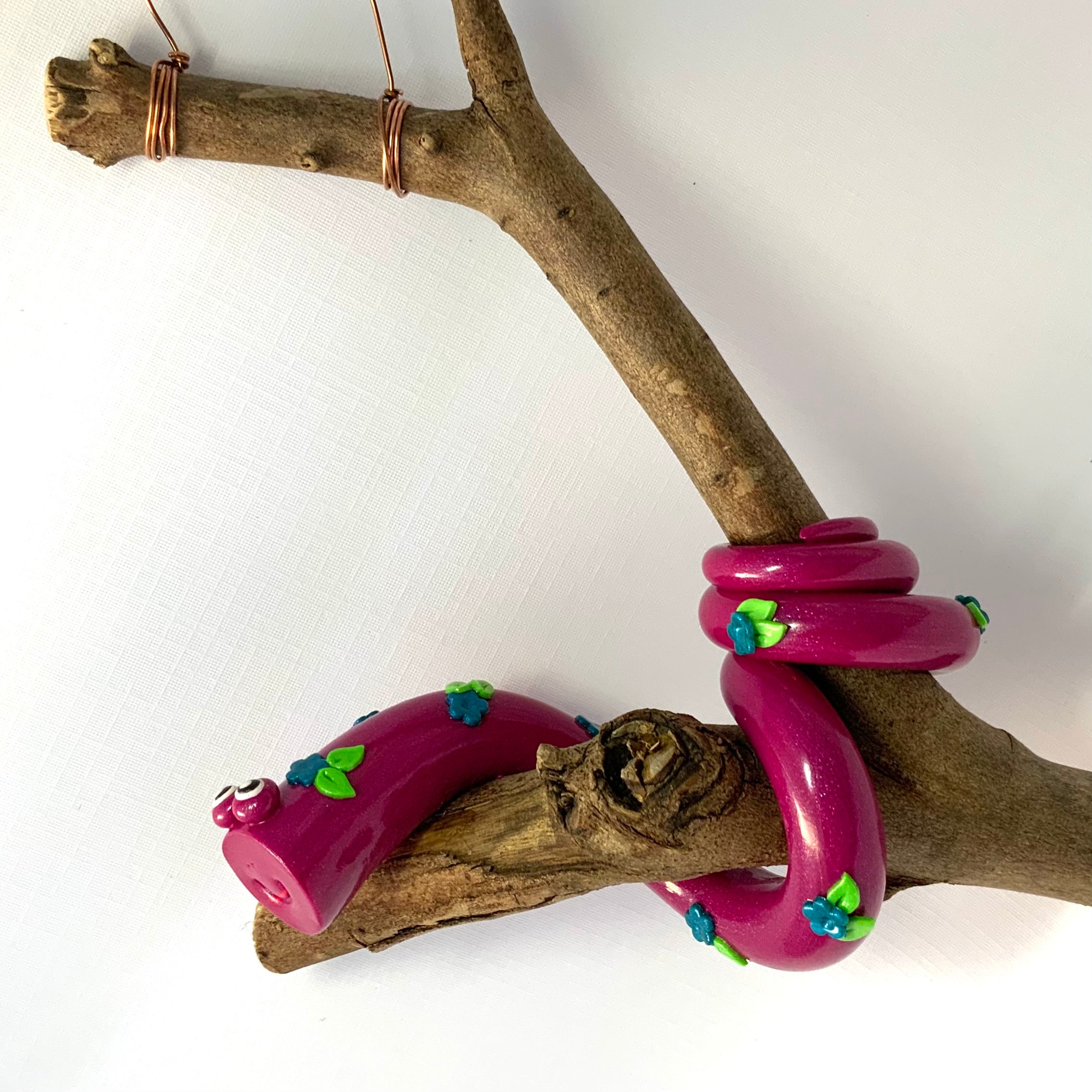 Gertie the Snake | Handmade Hanging Wall Decor | Polymer Clay on Gum Branch