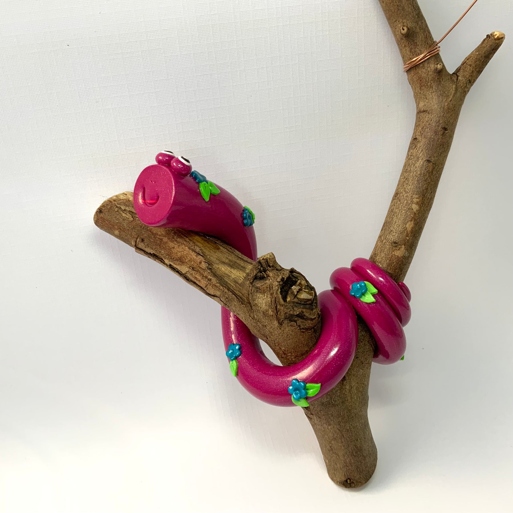 Gertie the Snake | Handmade Hanging Wall Decor | Polymer Clay on Gum Branch