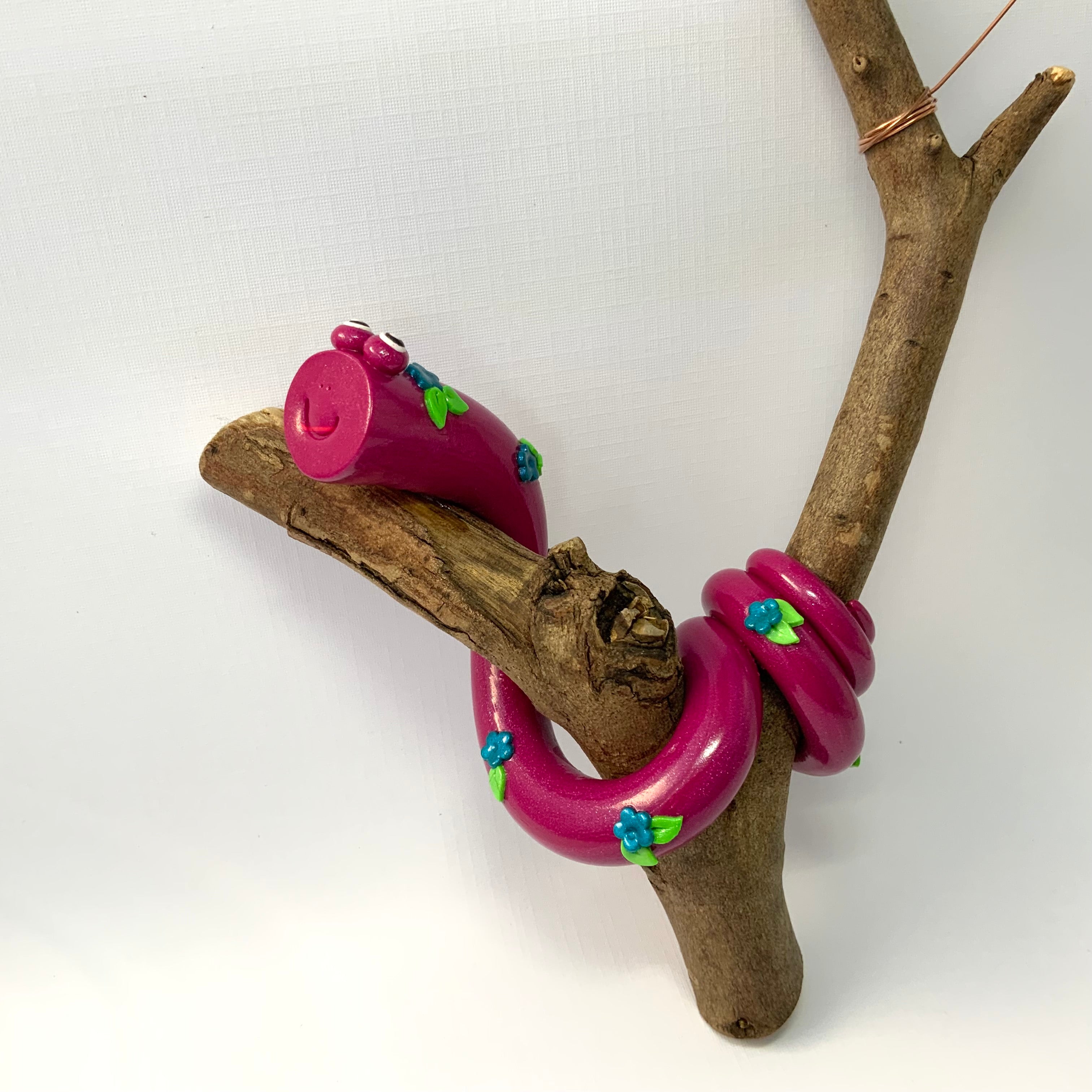 Gertie the Snake | Handmade Hanging Wall Decor | Polymer Clay on Gum Branch