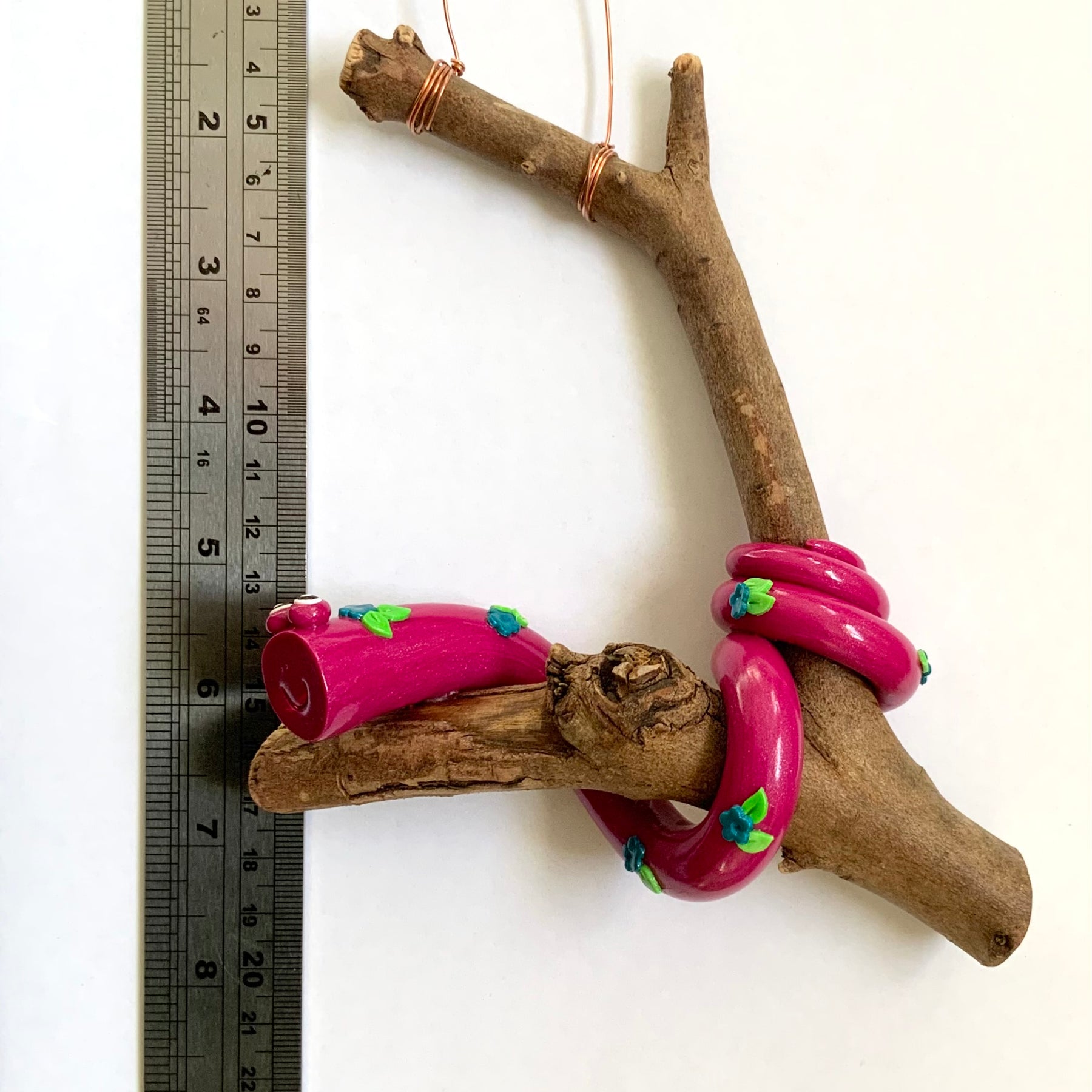 Gertie the Snake | Handmade Hanging Wall Decor | Polymer Clay on Gum Branch