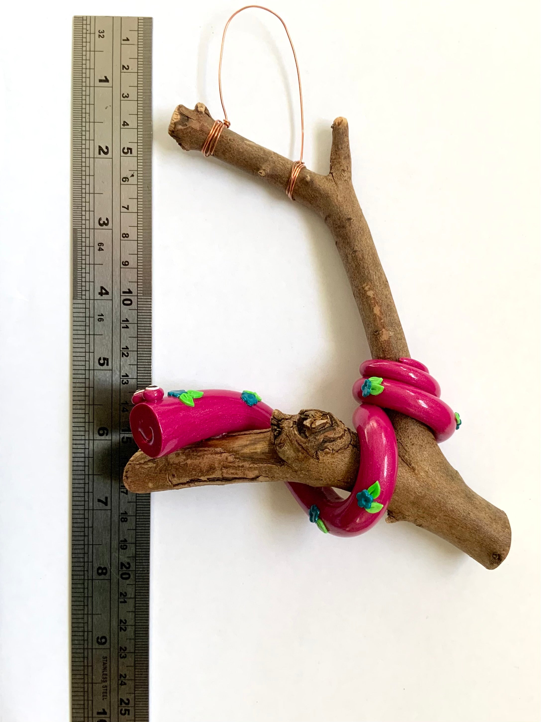 Gertie the Snake | Handmade Hanging Wall Decor | Polymer Clay on Gum Branch