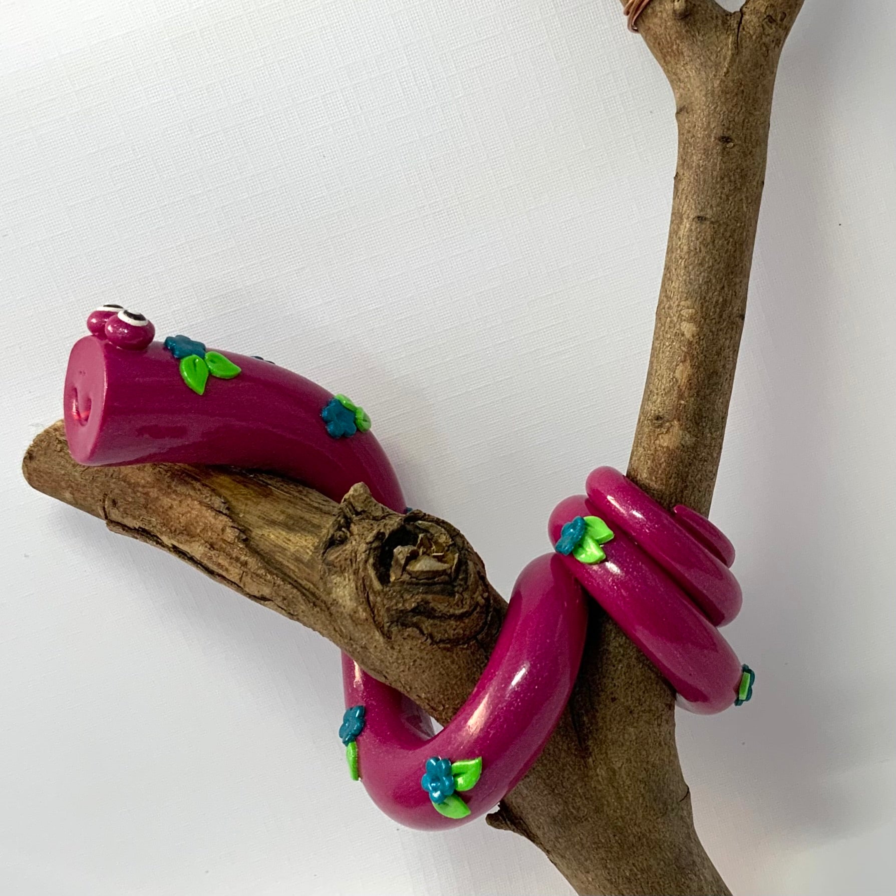 Gertie the Snake | Handmade Hanging Wall Decor | Polymer Clay on Gum Branch