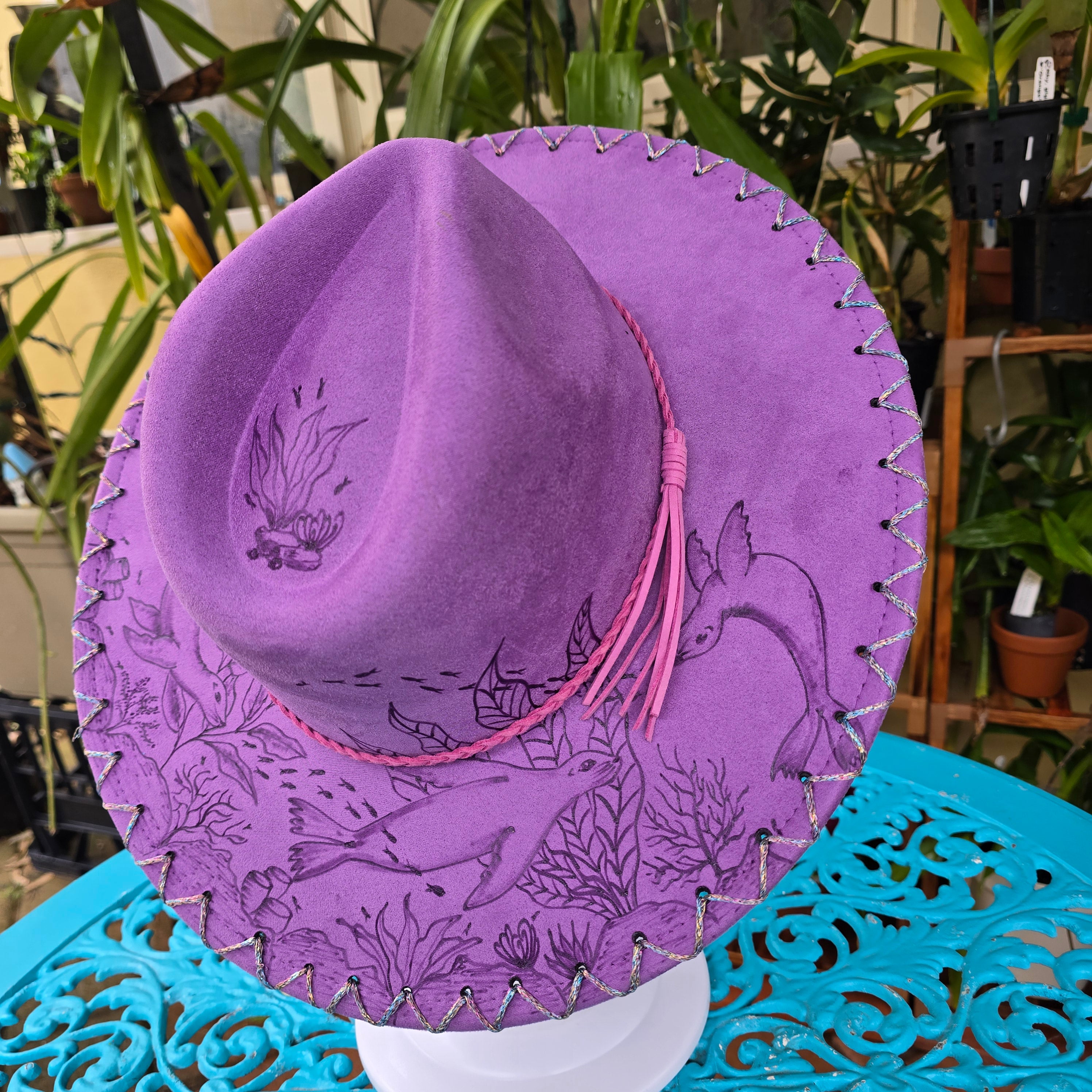 Hand burnt fedora hat: Ocean Magic