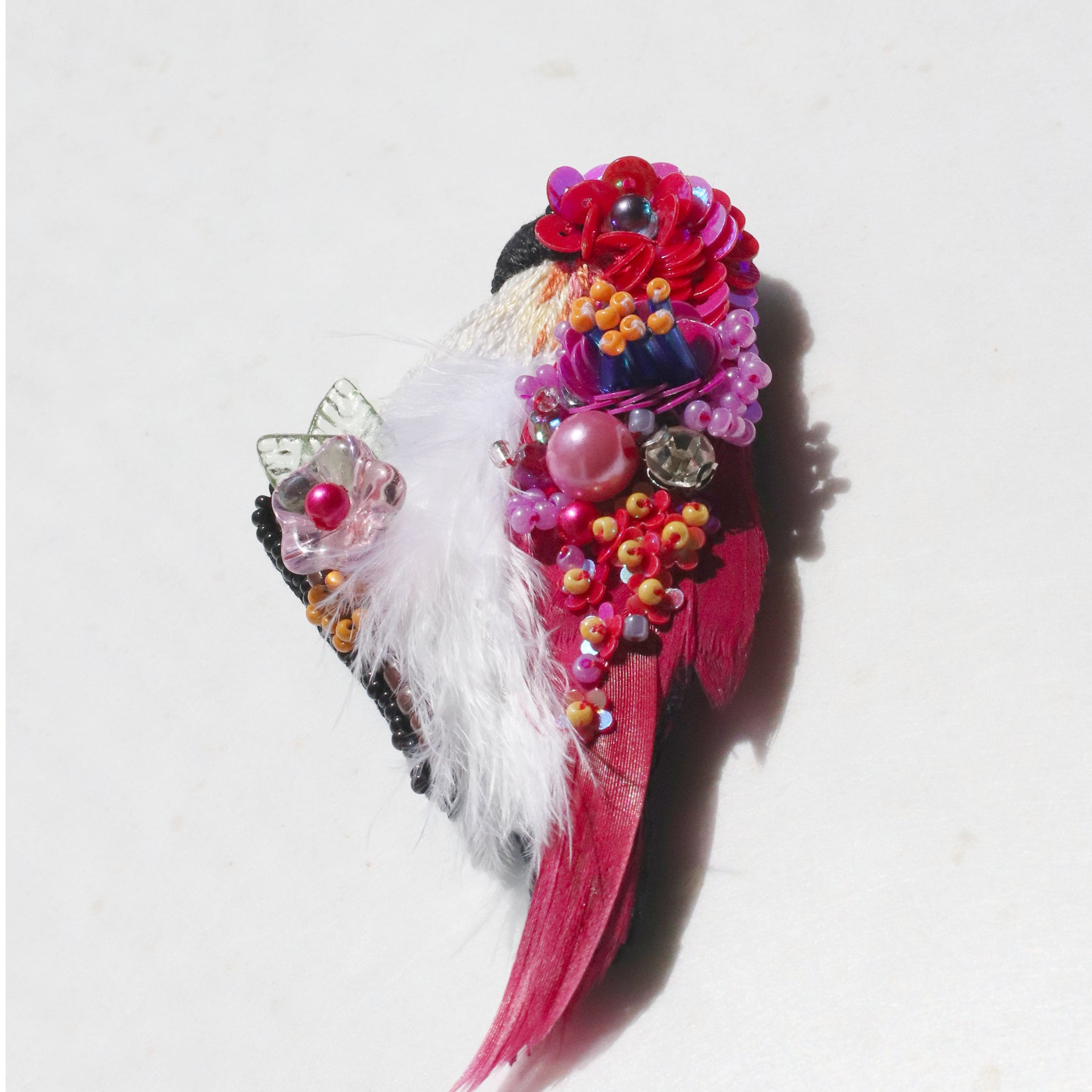 Crimson Feather Beaded Brooch