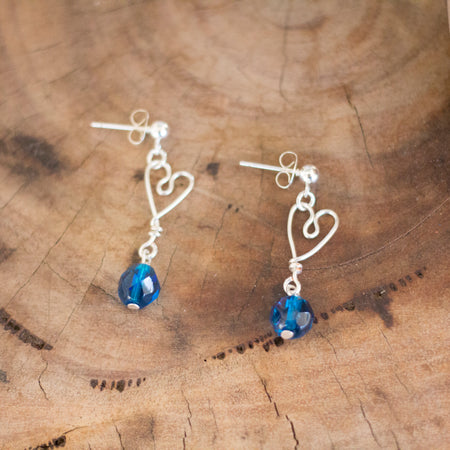 Silver Heart Earrings with Deep Blue AB Faceted Crystals