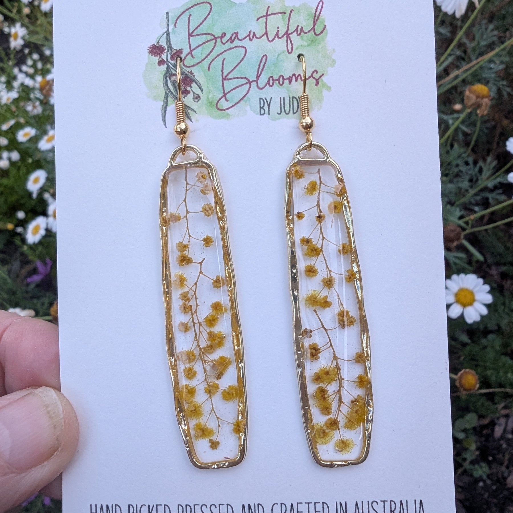 Real Australian Wattle Flower Resin Dangle Earrings