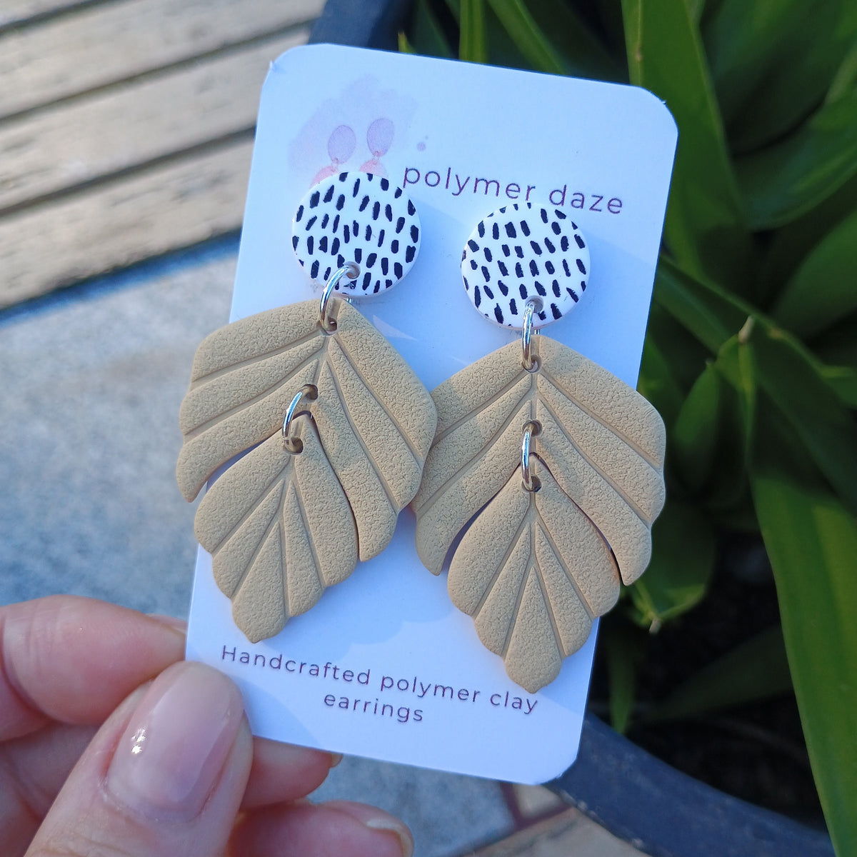Beige Leaf dangle earrings with painted stud top