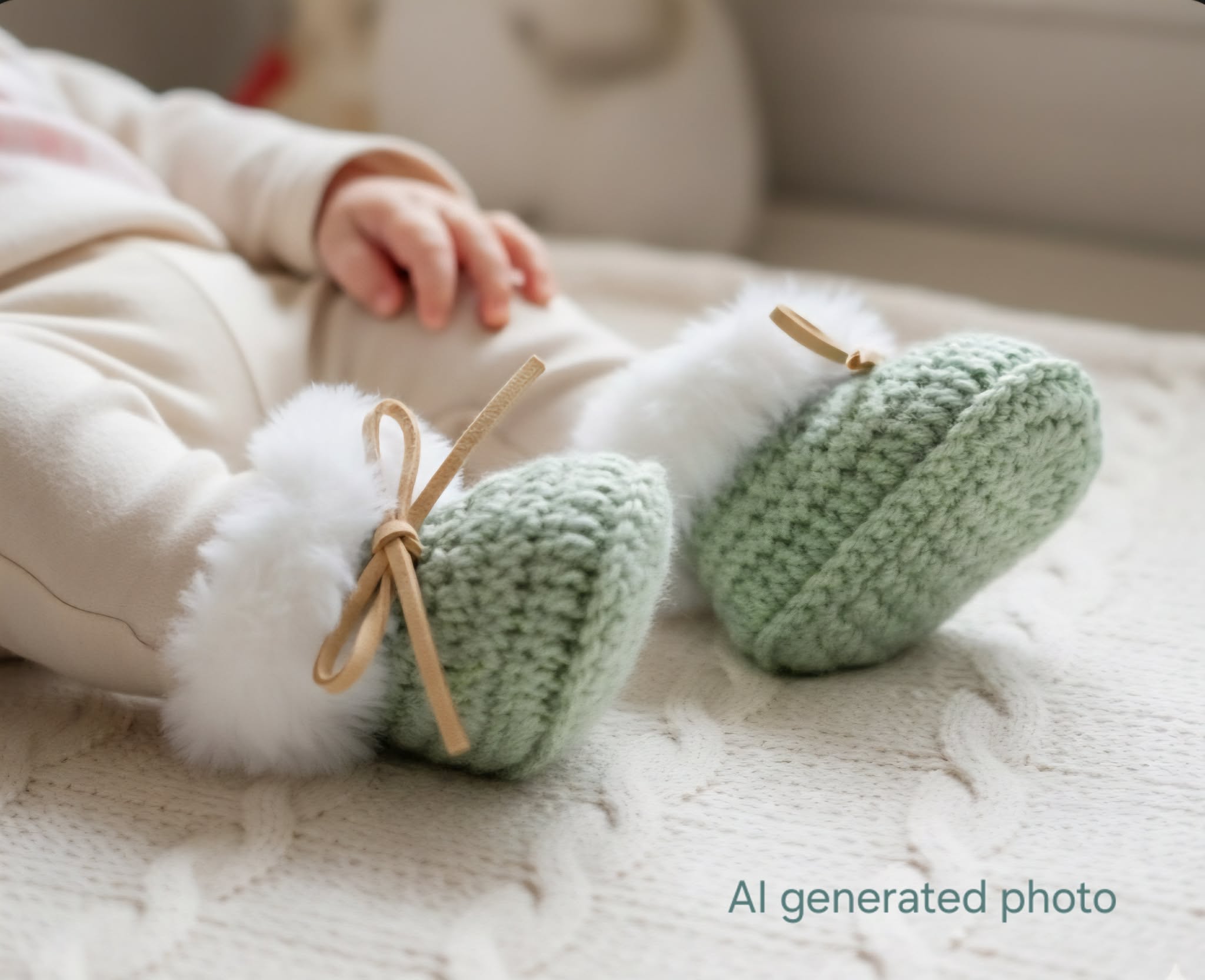 Baby Booties | Fluffy | Sage Green | Newborn | Crochet | Knit | Shoes | Socks