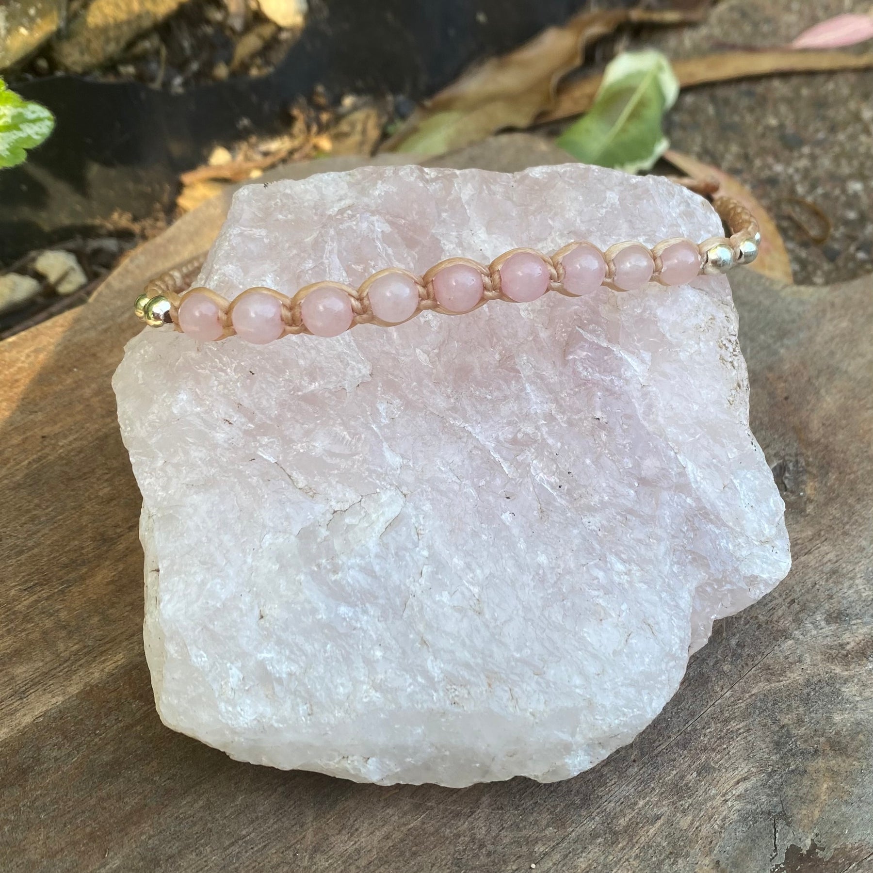 Rose Quartz Beaded Anklet: Macrame Adjustable Waterproof