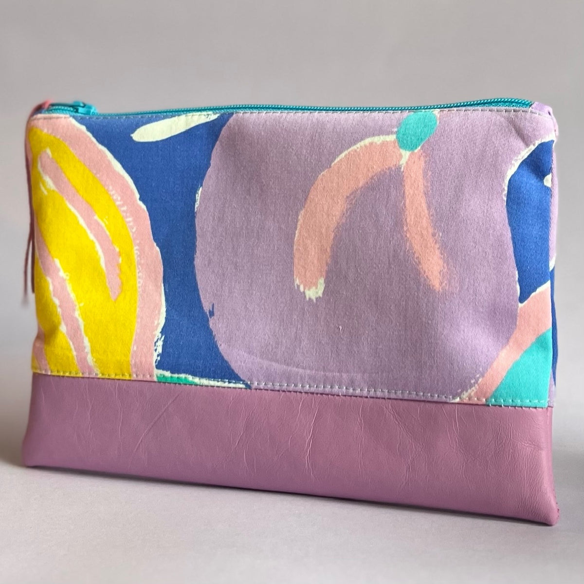 Colourful, repurposed vintage fabric zip POUCH with leather