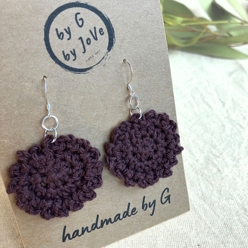 Earthy Brown Rippled Round - Handmade Cotton Crochet Dangle Earrings