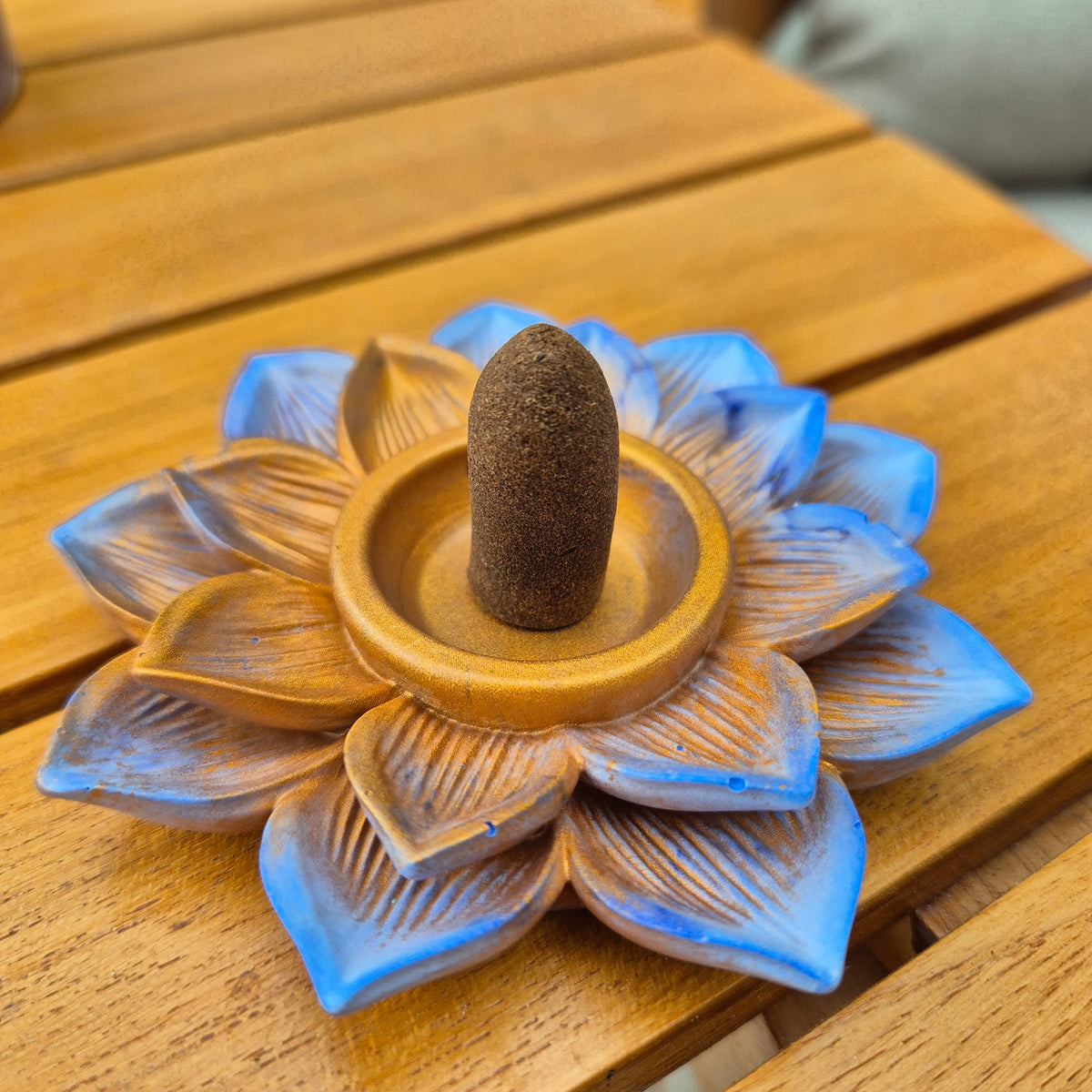 Pale blue and rose gold concrete lotus incense cone holder