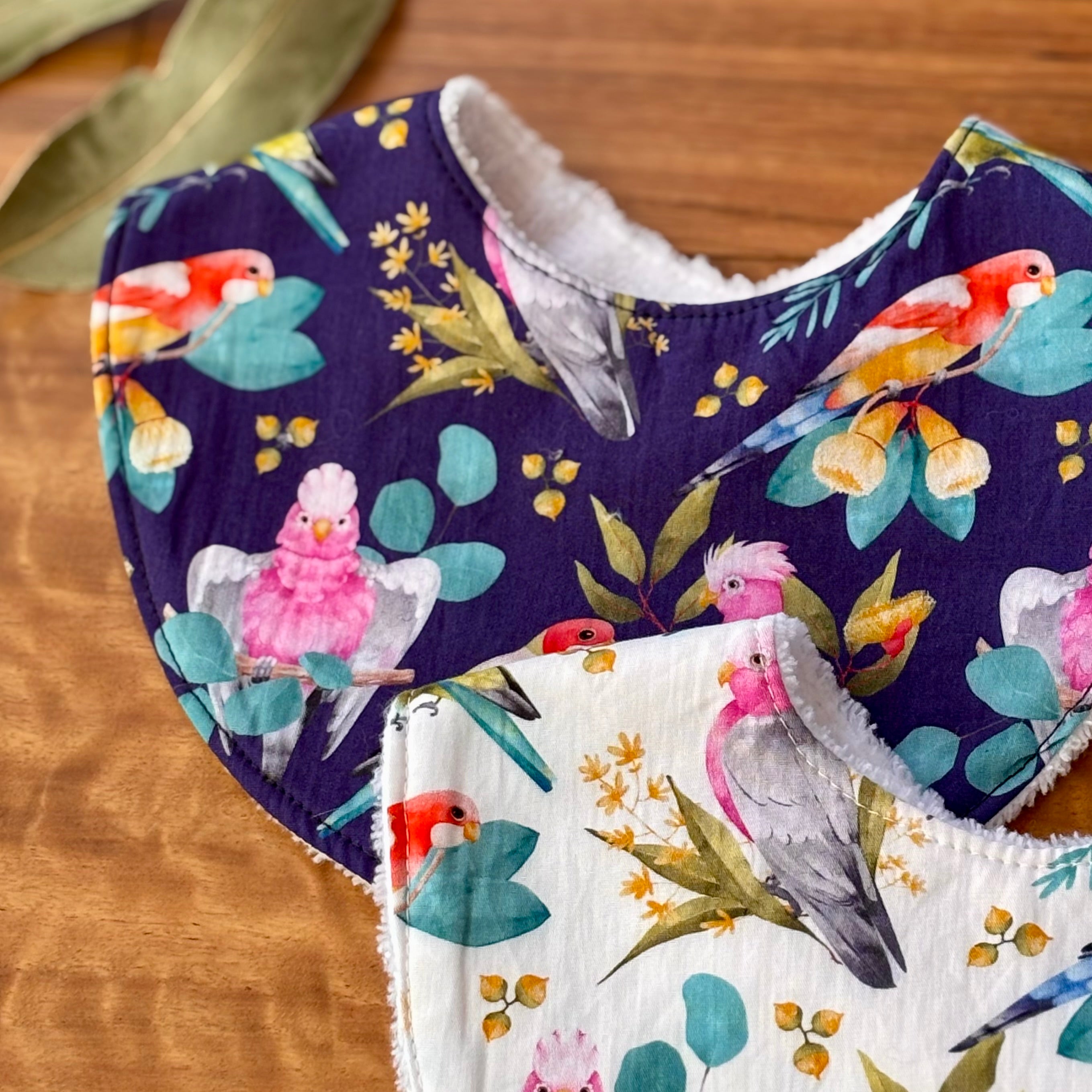 Australiana Baby Bib Set | Rosellas and Galahs | Ready to Ship