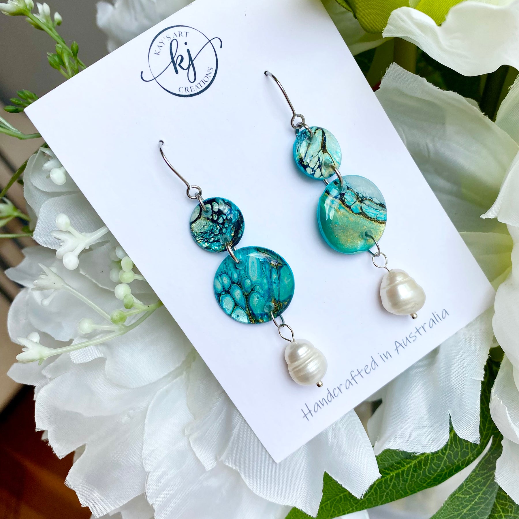 Artisan Turquoise Earrings with Freshwater Pearls