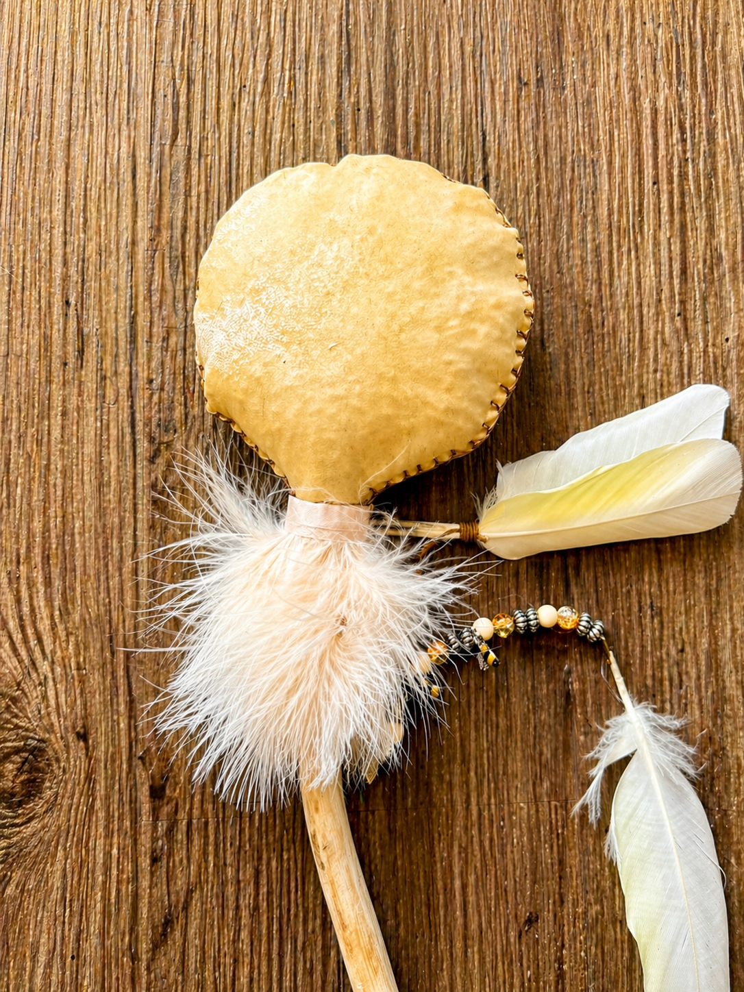 REAL Cockatoo Feathers-Goat Hide Rattle – One of a Kind