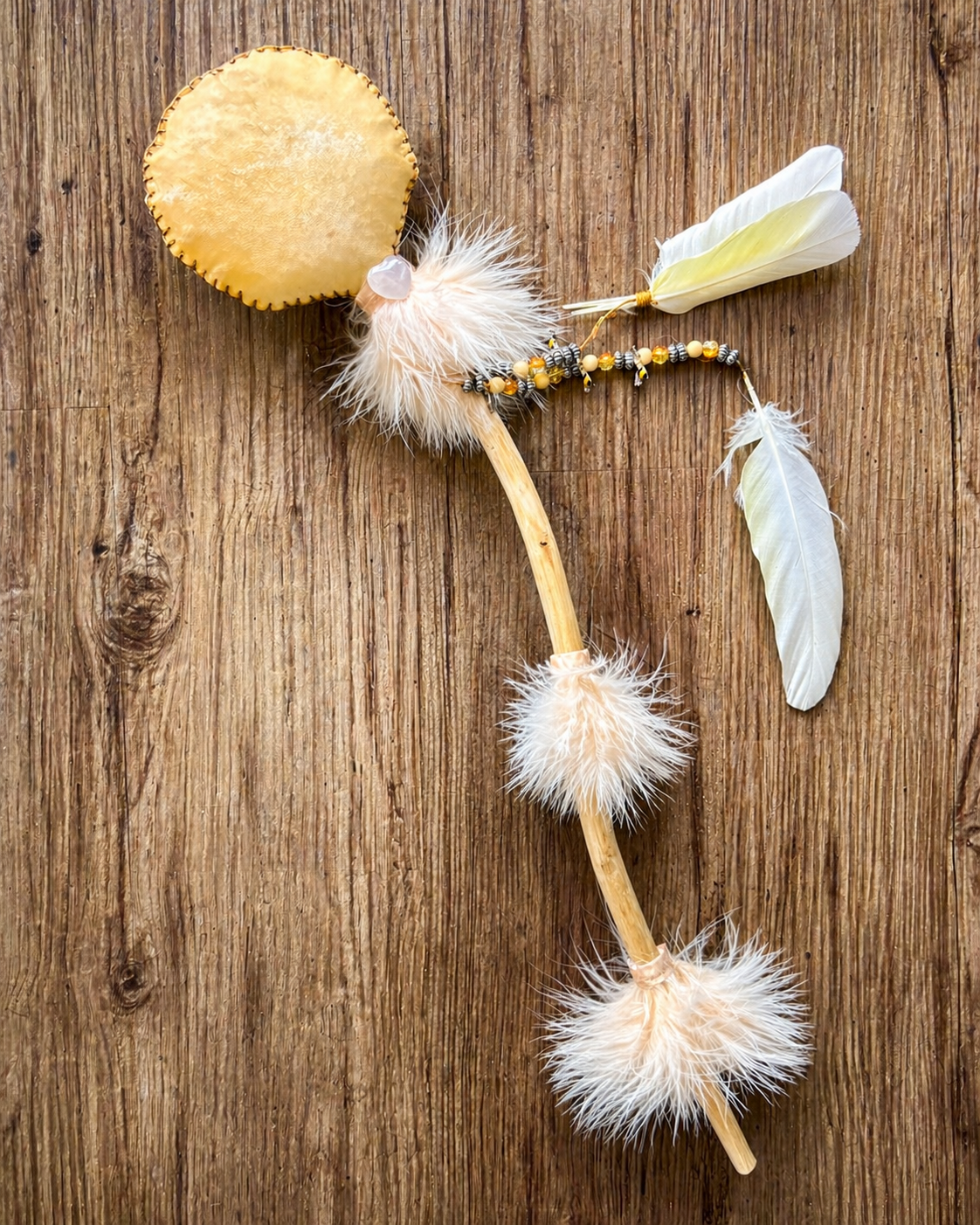 REAL Cockatoo Feathers-Goat Hide Rattle – One of a Kind