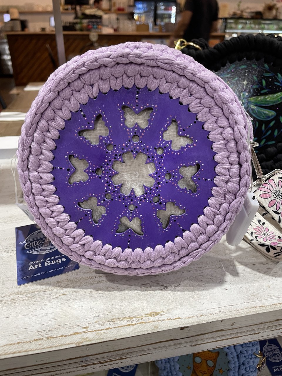 LED lights Crossbody bag | Handmade crochet bag with painting artwork