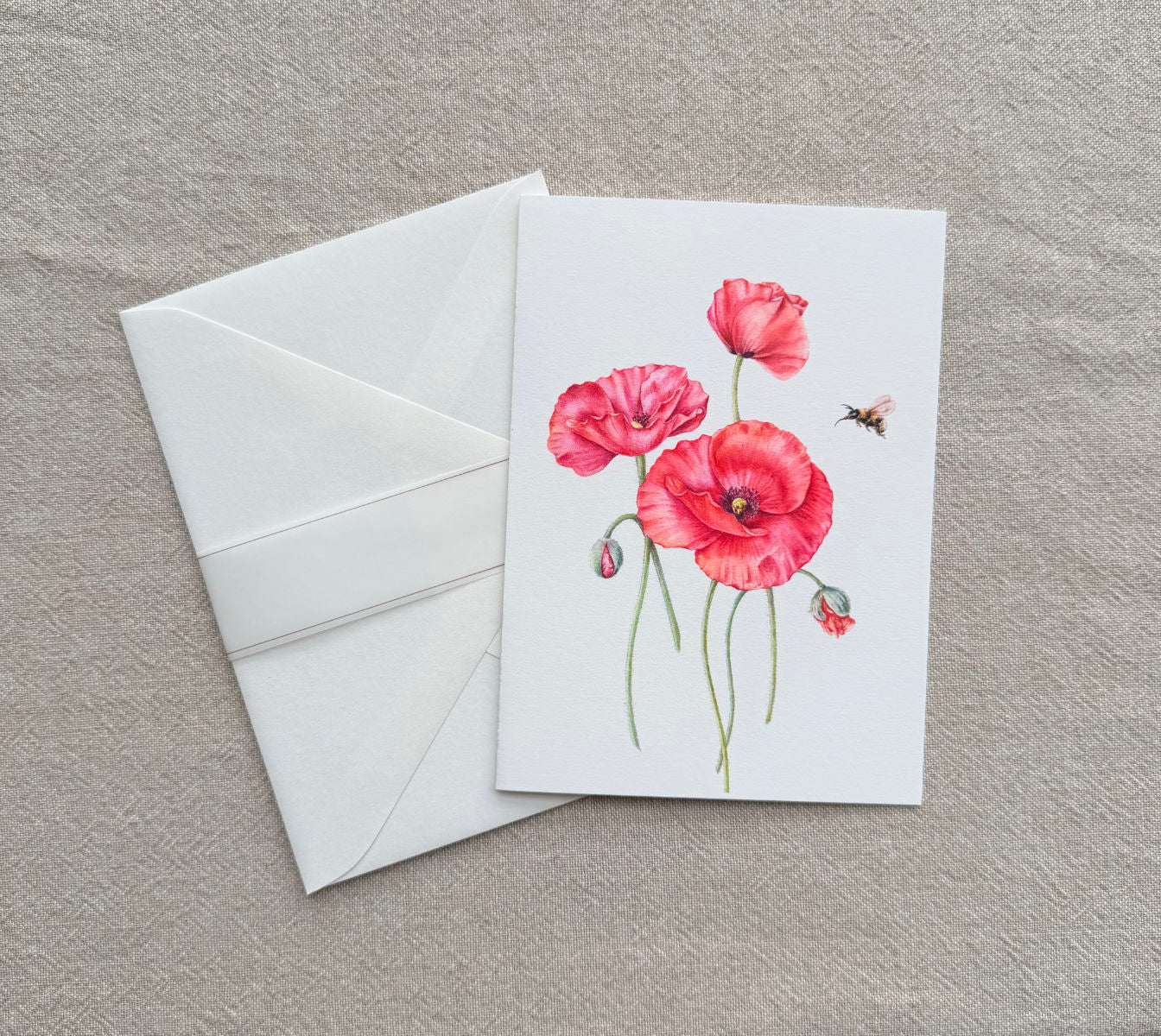 Red Poppy Botanical Art Card - Handmade Watercolor Greeting Card