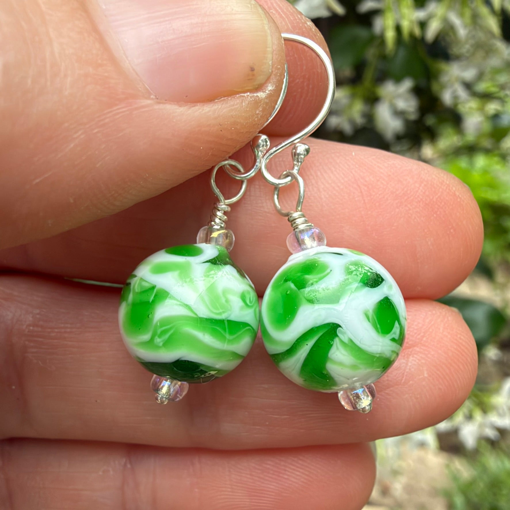 Green and White Lampwork Bead Earrings Sterling Silver