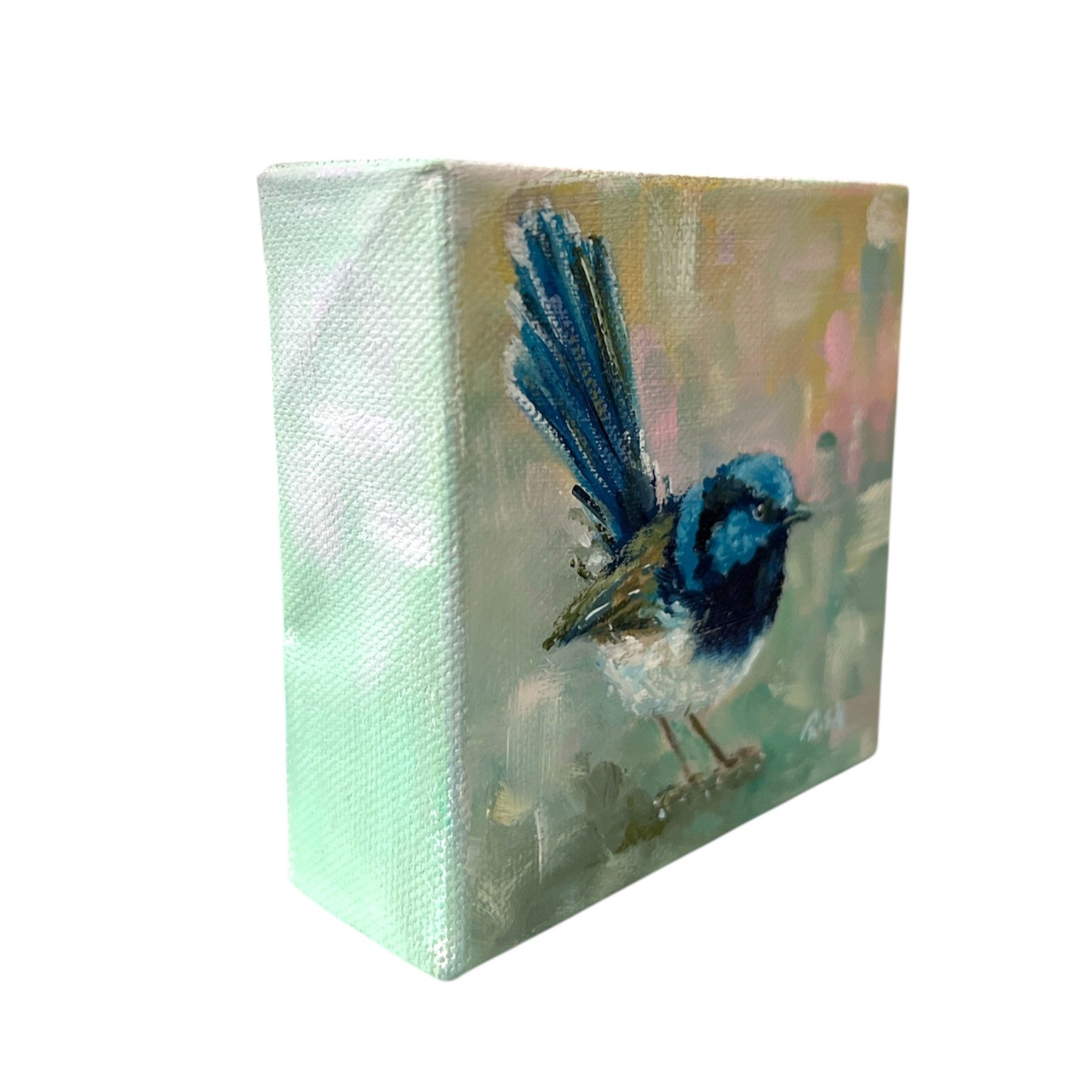 Mini Fairywren Oil Painting, Bird Portrait on Mini Canvas 4"x4"