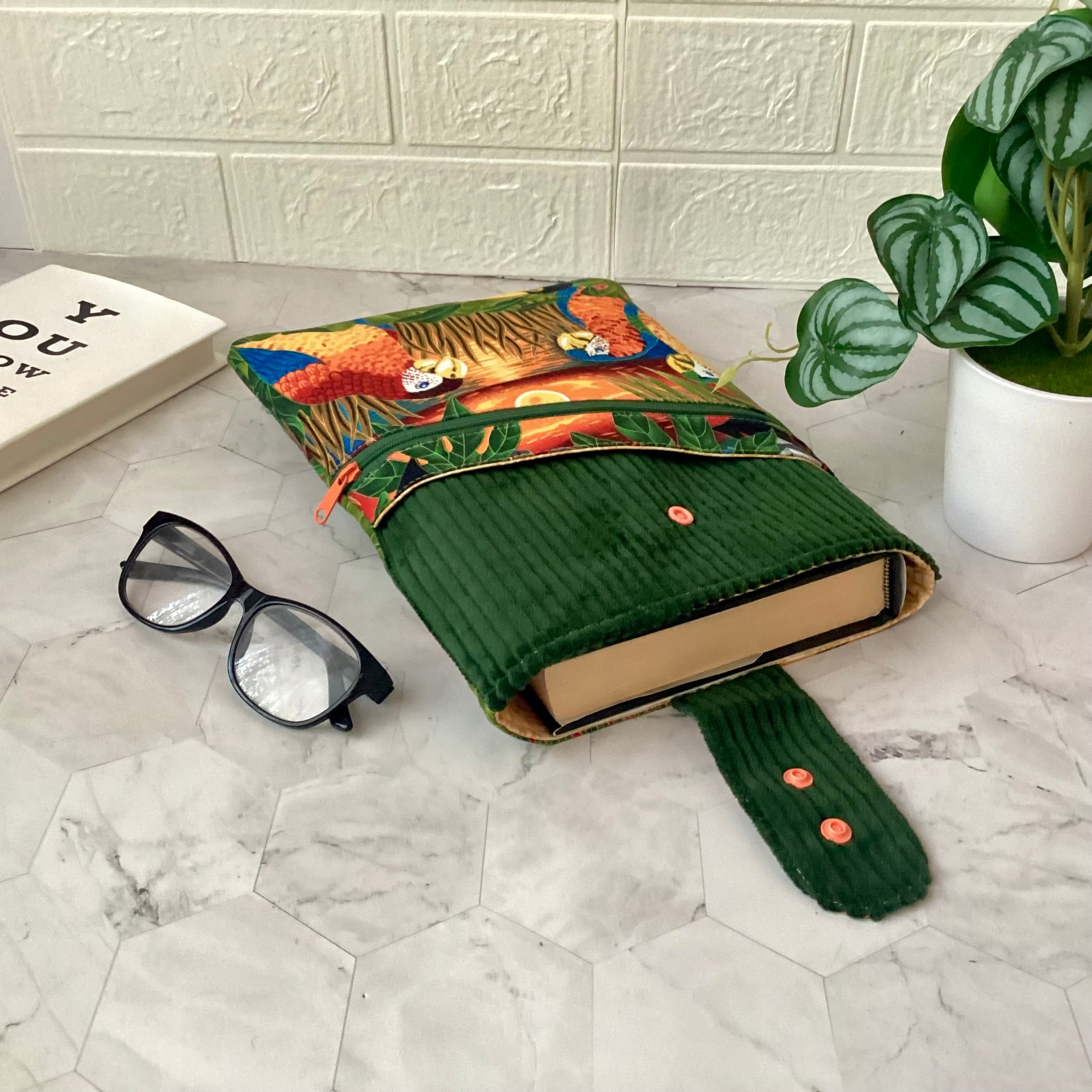 Parrots and Toucan fabric book sleeve with 2 pockets. iPad, tablet pouch