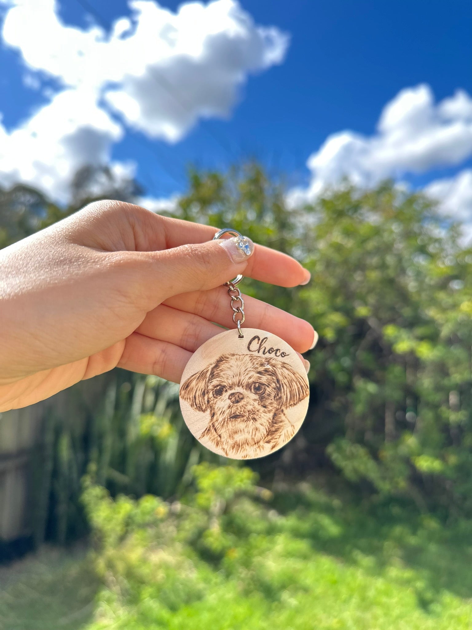 Custom Pet Portrait Key Ring – Handmade Pyrography on Wood