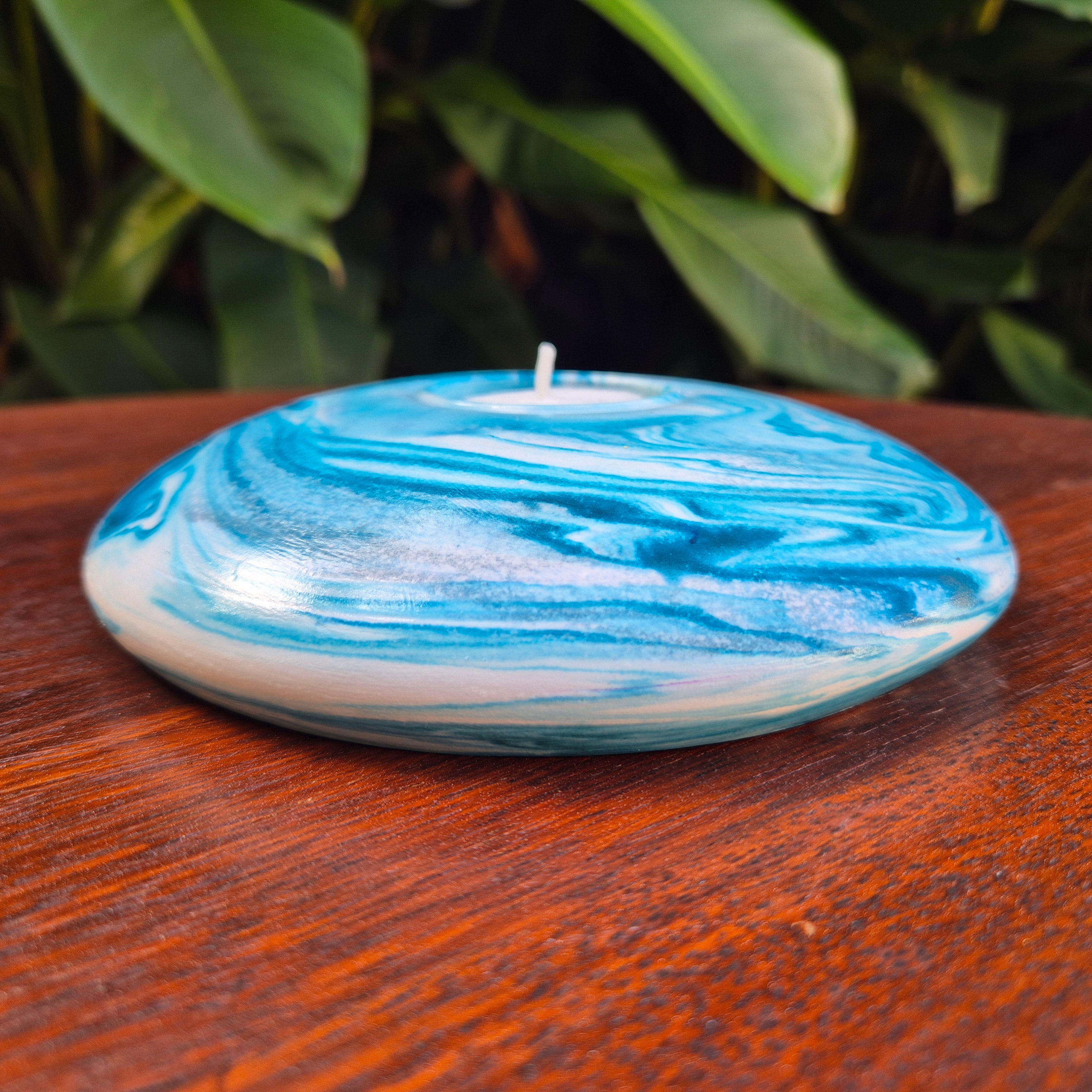Large round concrete tealight candle holder in teal