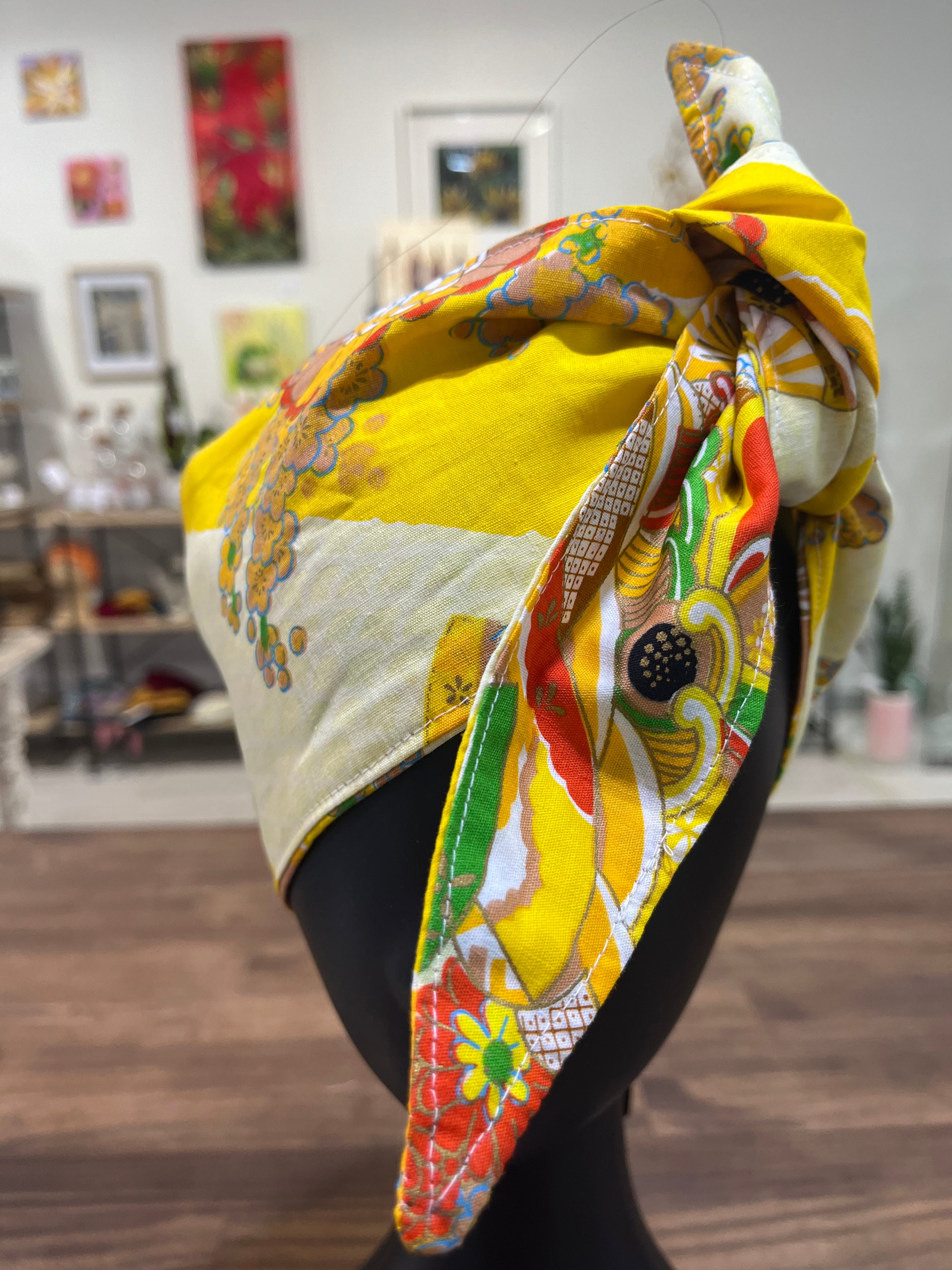 gorgeous yellow floral vintage fabric head wrap - violetclothing - free postage